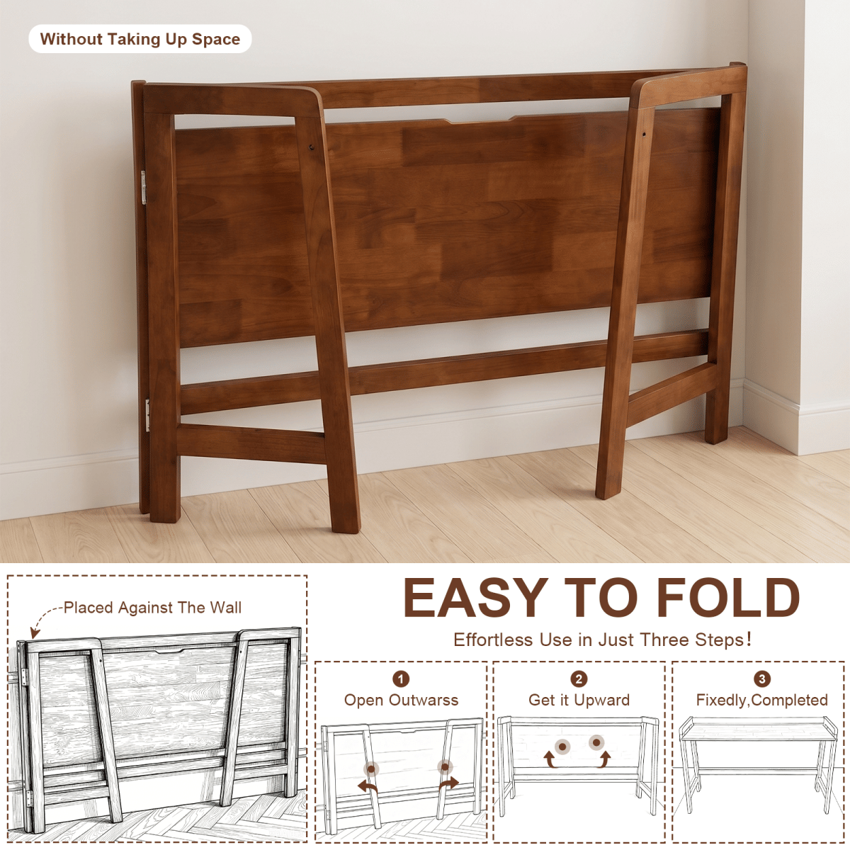 !SOLID Streamdale Solid Wood 49" Mid - Century Modern Folding Desk, Walnut