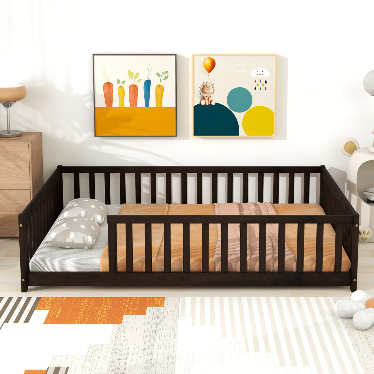 FLOOR Streamdale Full Size Wooden Floor Bed with Safety Fence, Espresso