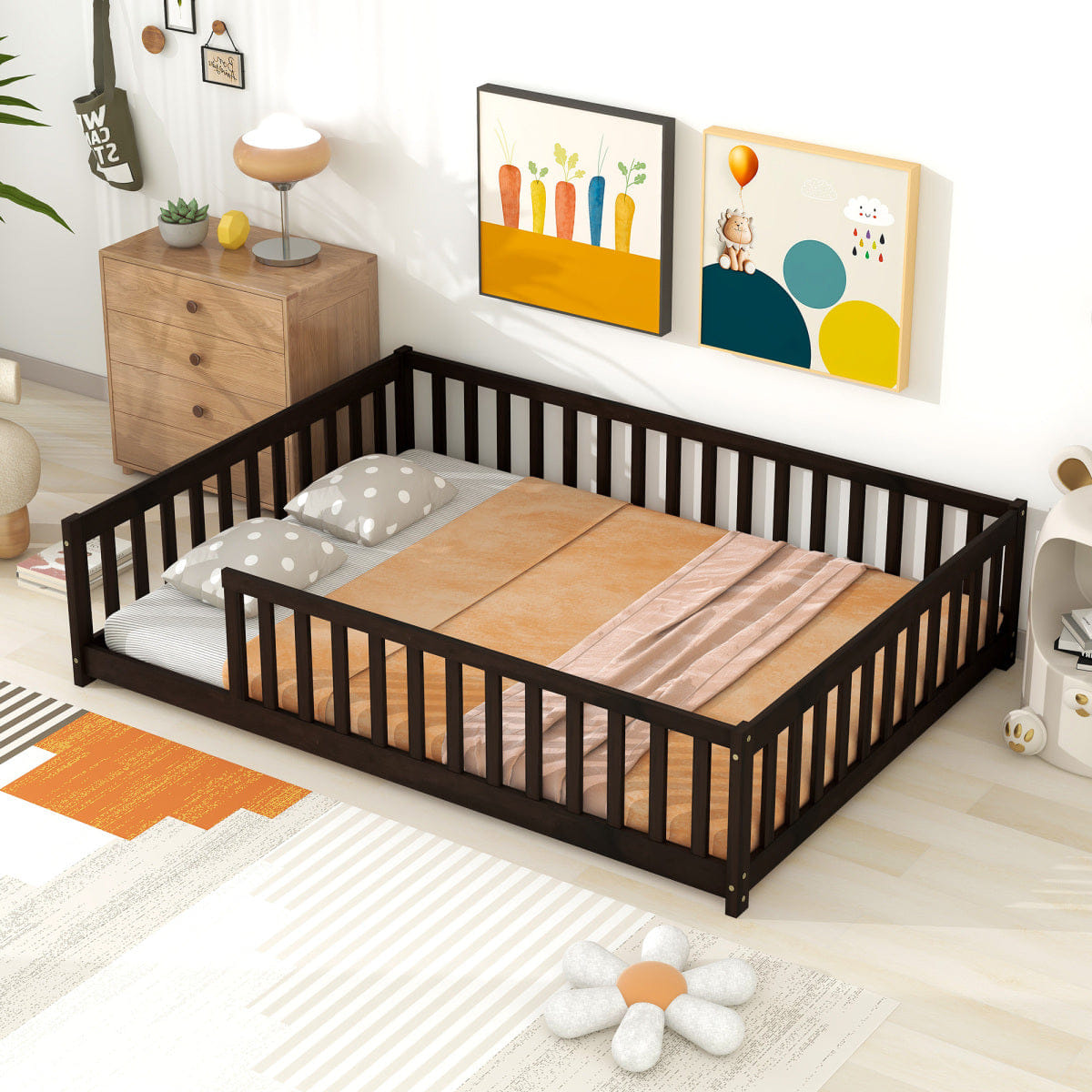FLOOR Streamdale Full Size Wooden Floor Bed with Safety Fence, Espresso