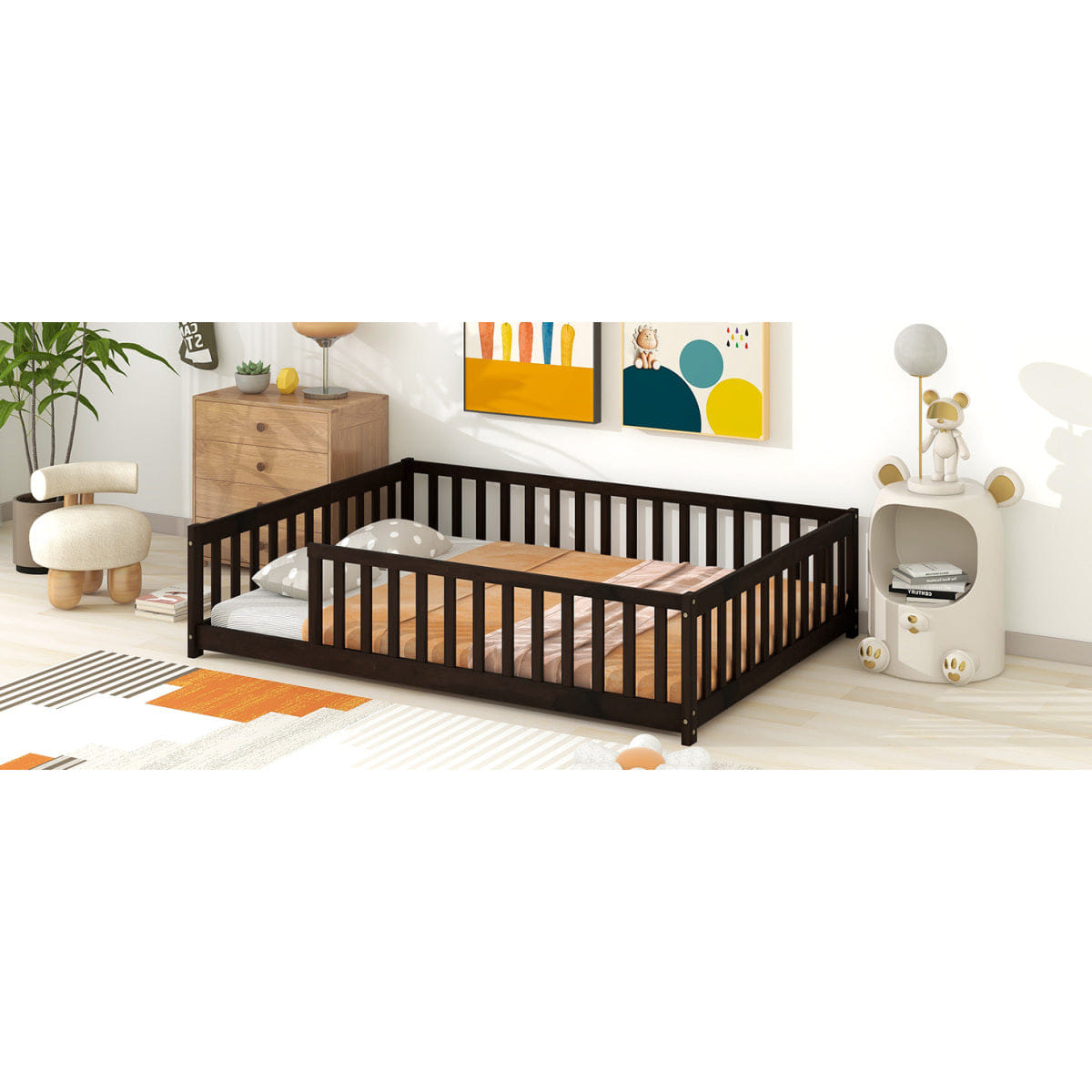 FLOOR Streamdale Full Size Wooden Floor Bed with Safety Fence, Espresso