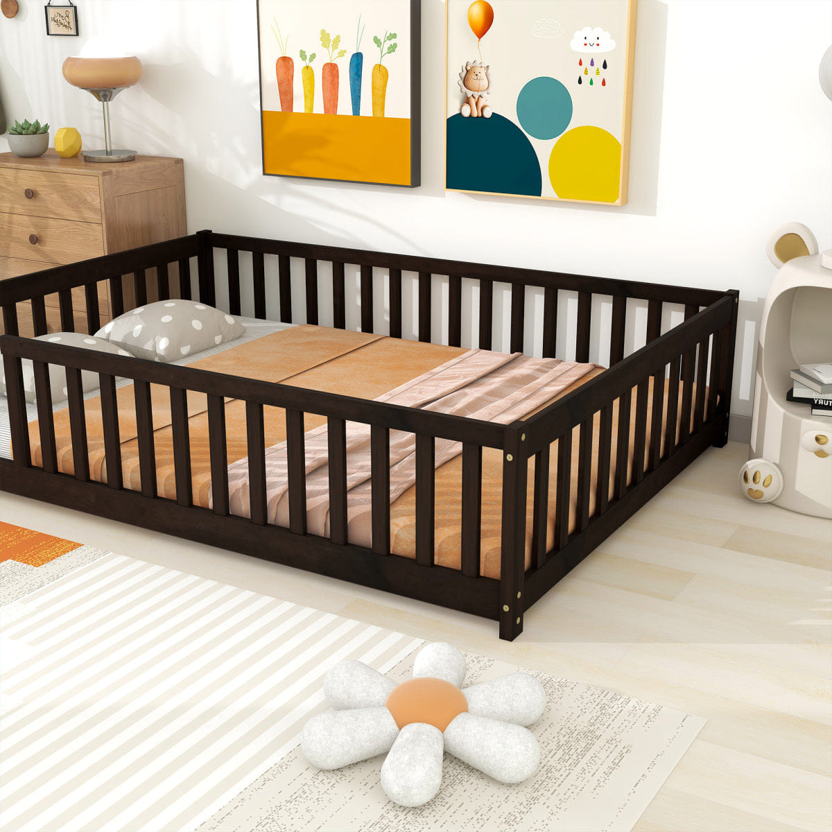 FLOOR Streamdale Full Size Wooden Floor Bed with Safety Fence, Espresso