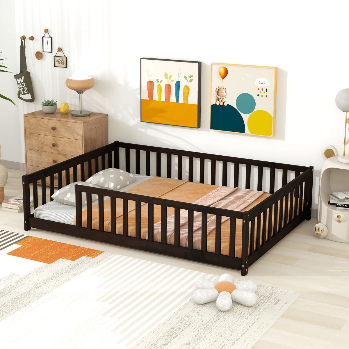 FLOOR Streamdale Full Size Wooden Floor Bed with Safety Fence, Espresso