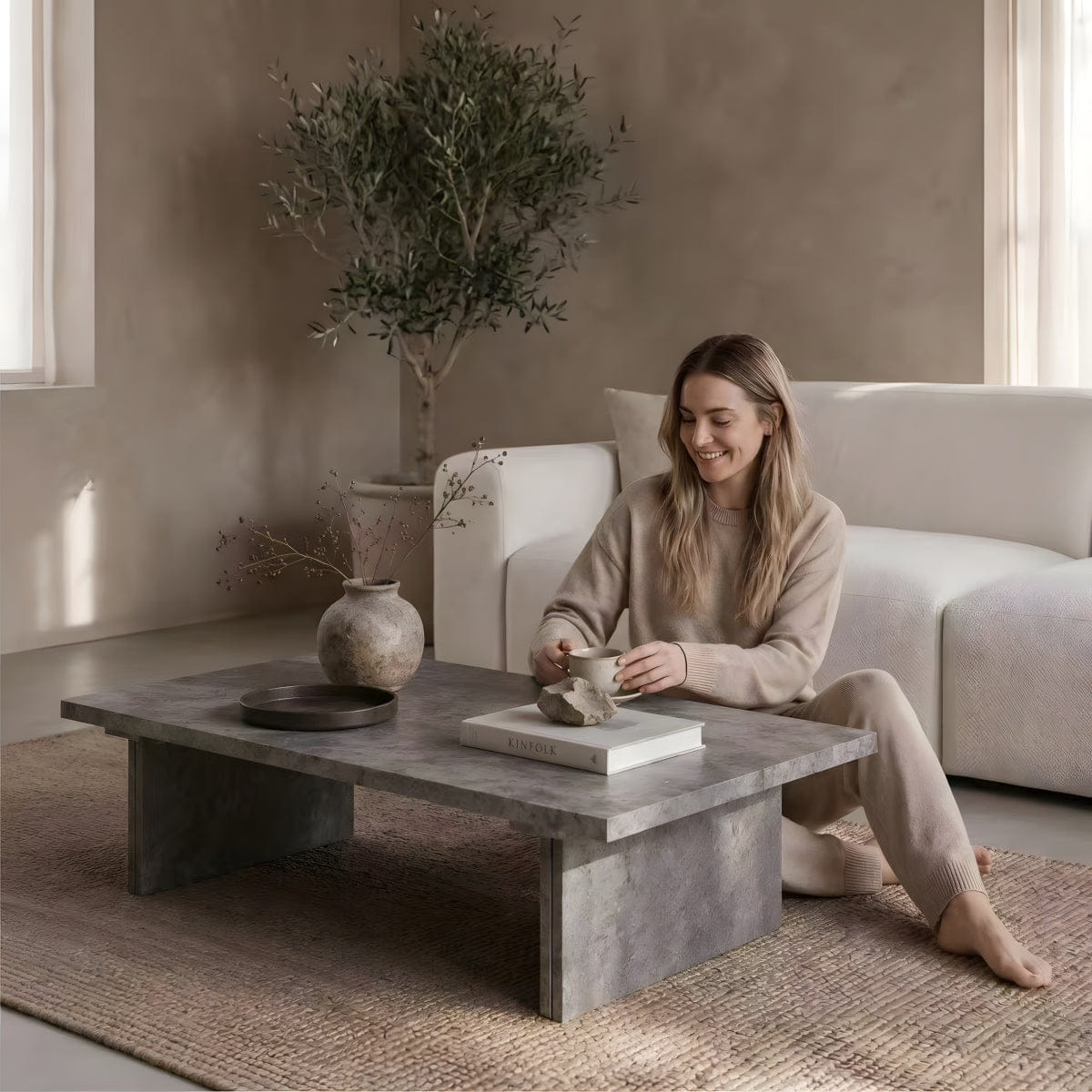Minimalist Streamdale Modern Faux Concrete Minimalist Rectangle Coffee Table with Slab Legs