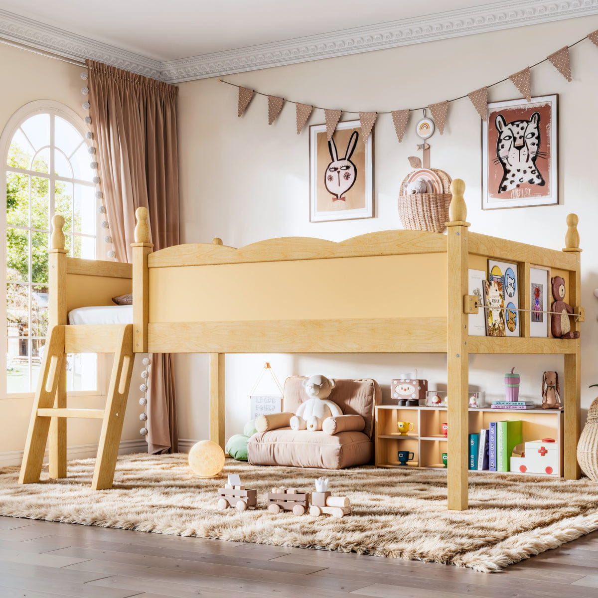 WOOD Streamdale Twin Wood Loft Bed with Guardrails, Ladder & Bookshelf, Natural