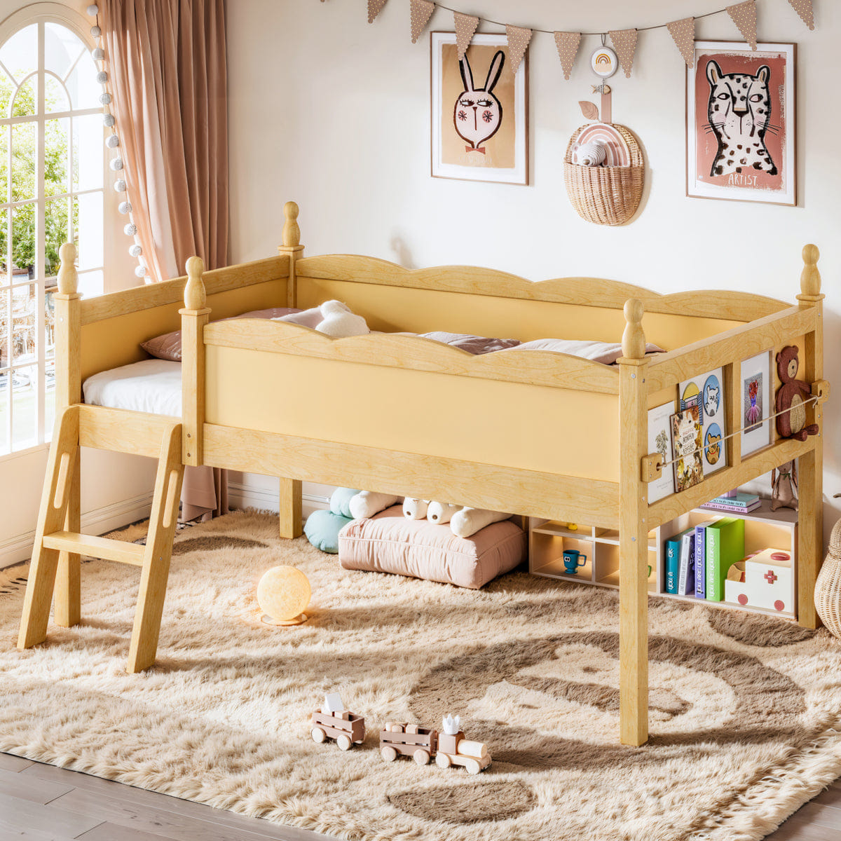 WOOD Streamdale Twin Wood Loft Bed with Guardrails, Ladder & Bookshelf, Natural