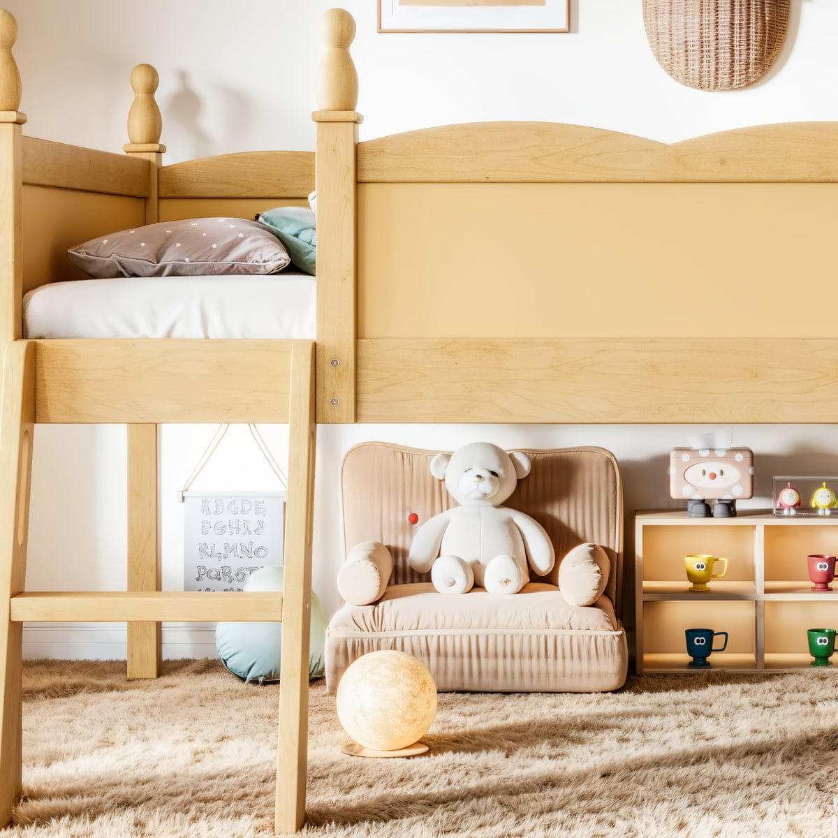 WOOD Streamdale Twin Wood Loft Bed with Guardrails, Ladder & Bookshelf, Natural