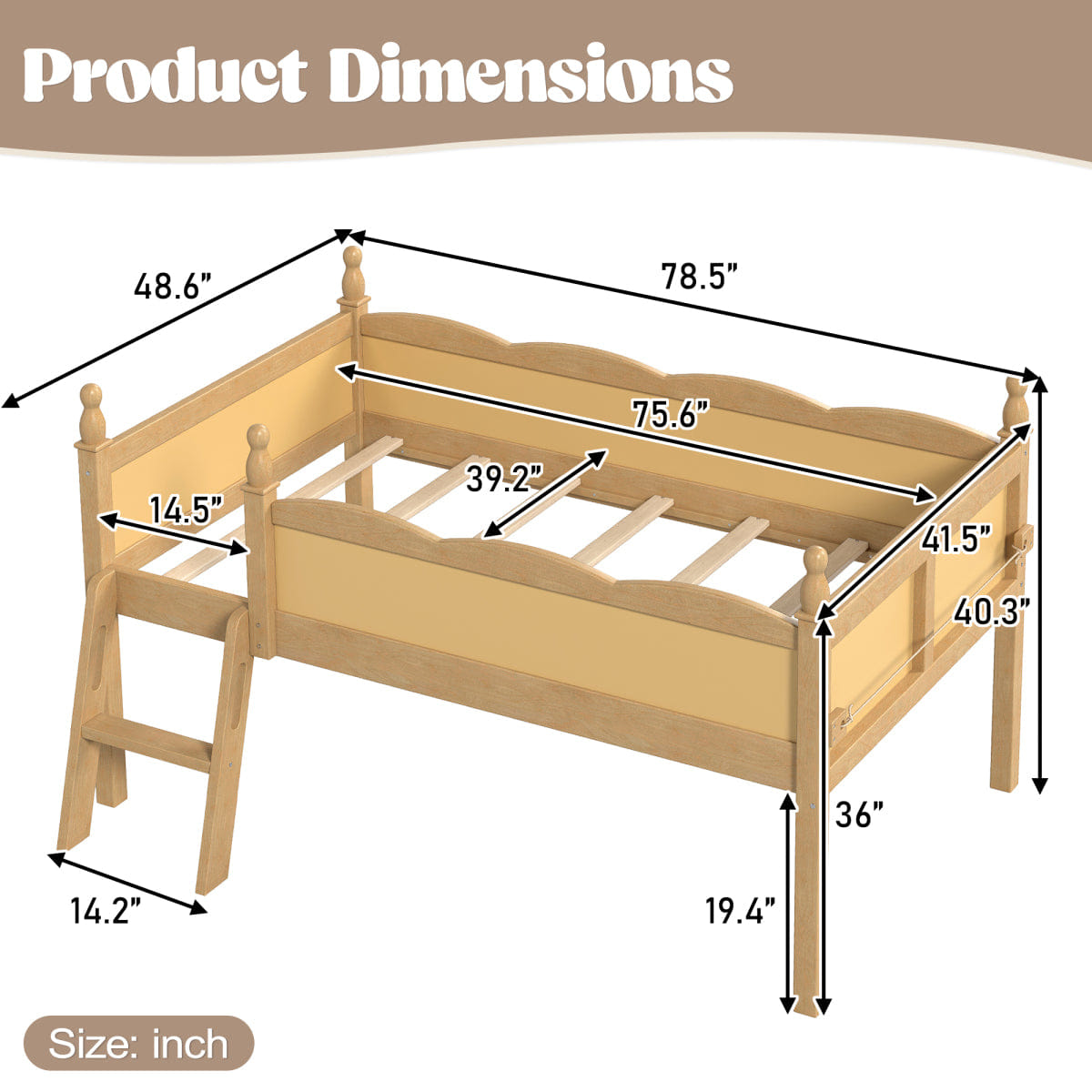 WOOD Streamdale Twin Wood Loft Bed with Guardrails, Ladder & Bookshelf, Natural