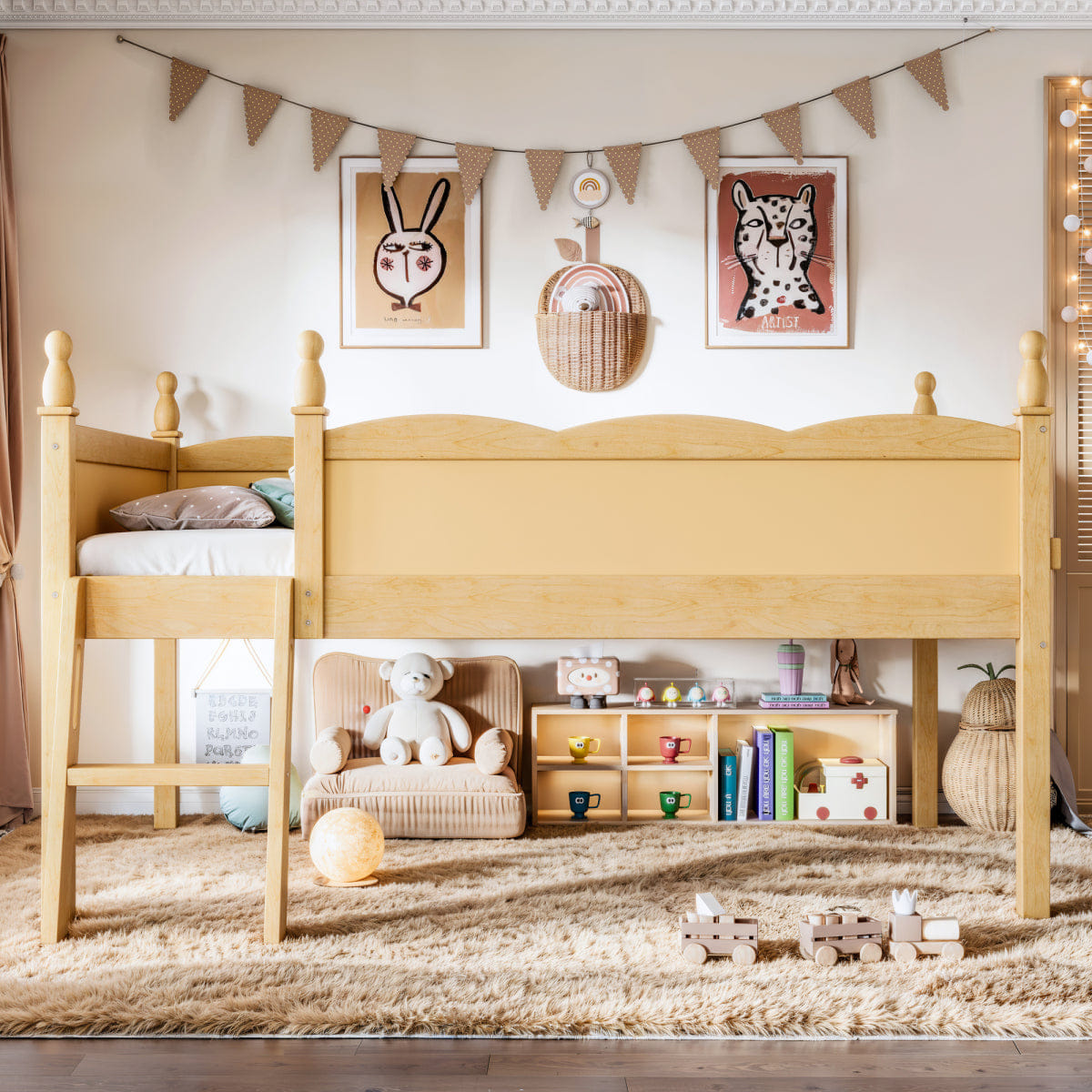 WOOD Streamdale Twin Wood Loft Bed with Guardrails, Ladder & Bookshelf, Natural
