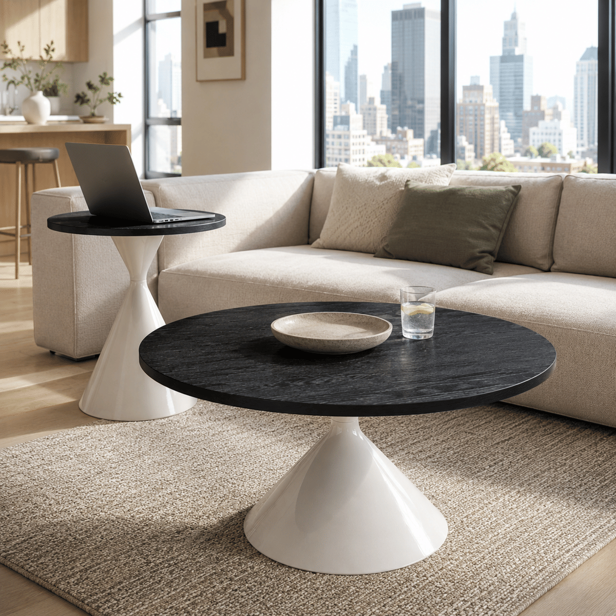 WHITE* Streamdale 2 - Piece Black & White Round Coffee Table Set with Steel Base
