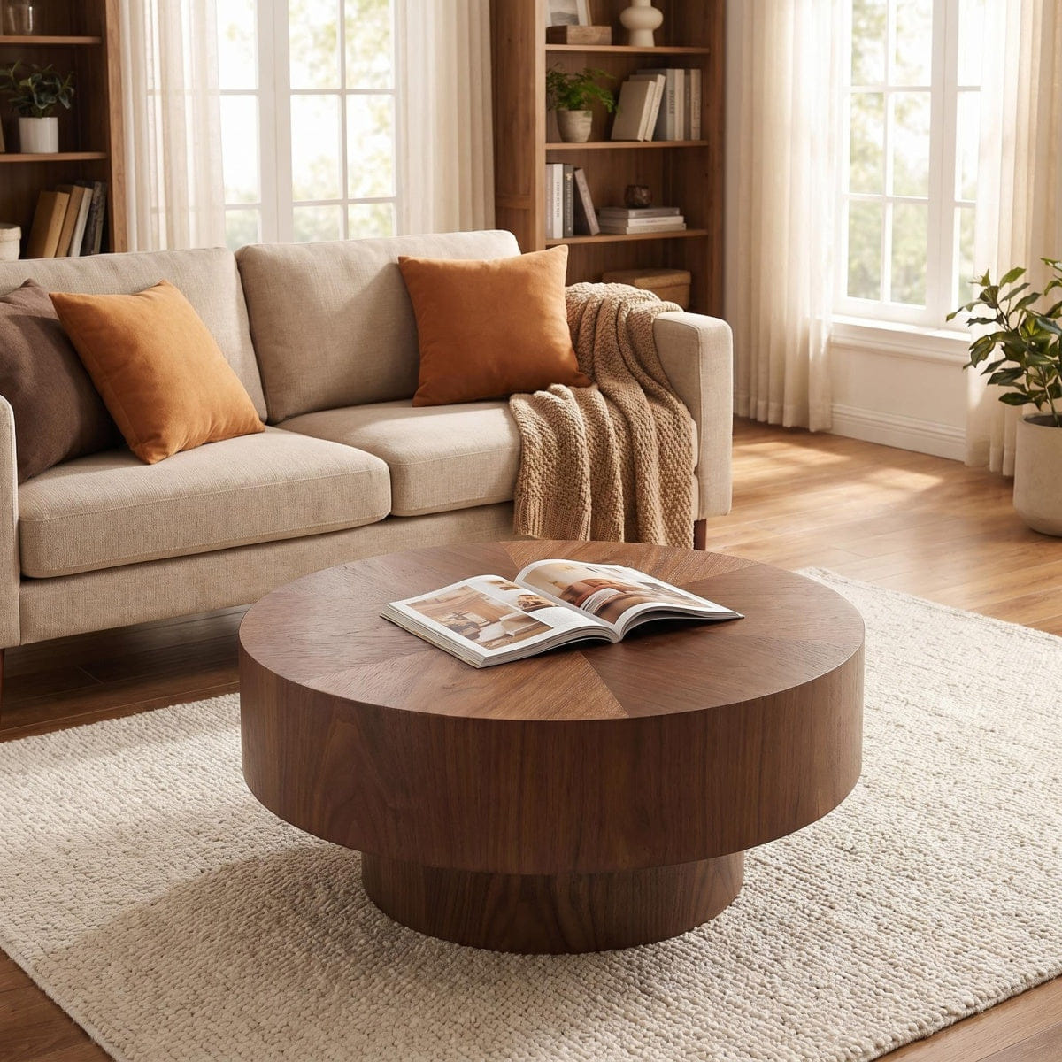 WOOD Streamdale Round Wood 31.49" Coffee Table for Living Room, Walnut
