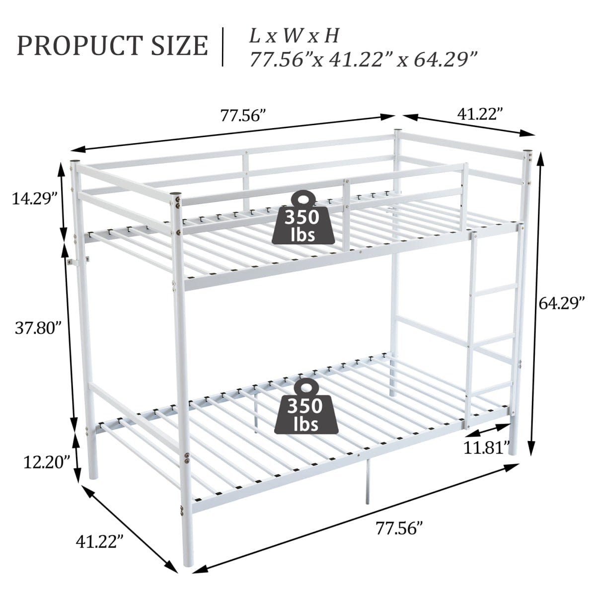 WHITE* Streamdale Twin Over Twin Metal Bunk Bed with Ladder and Under - Bed Storage, White