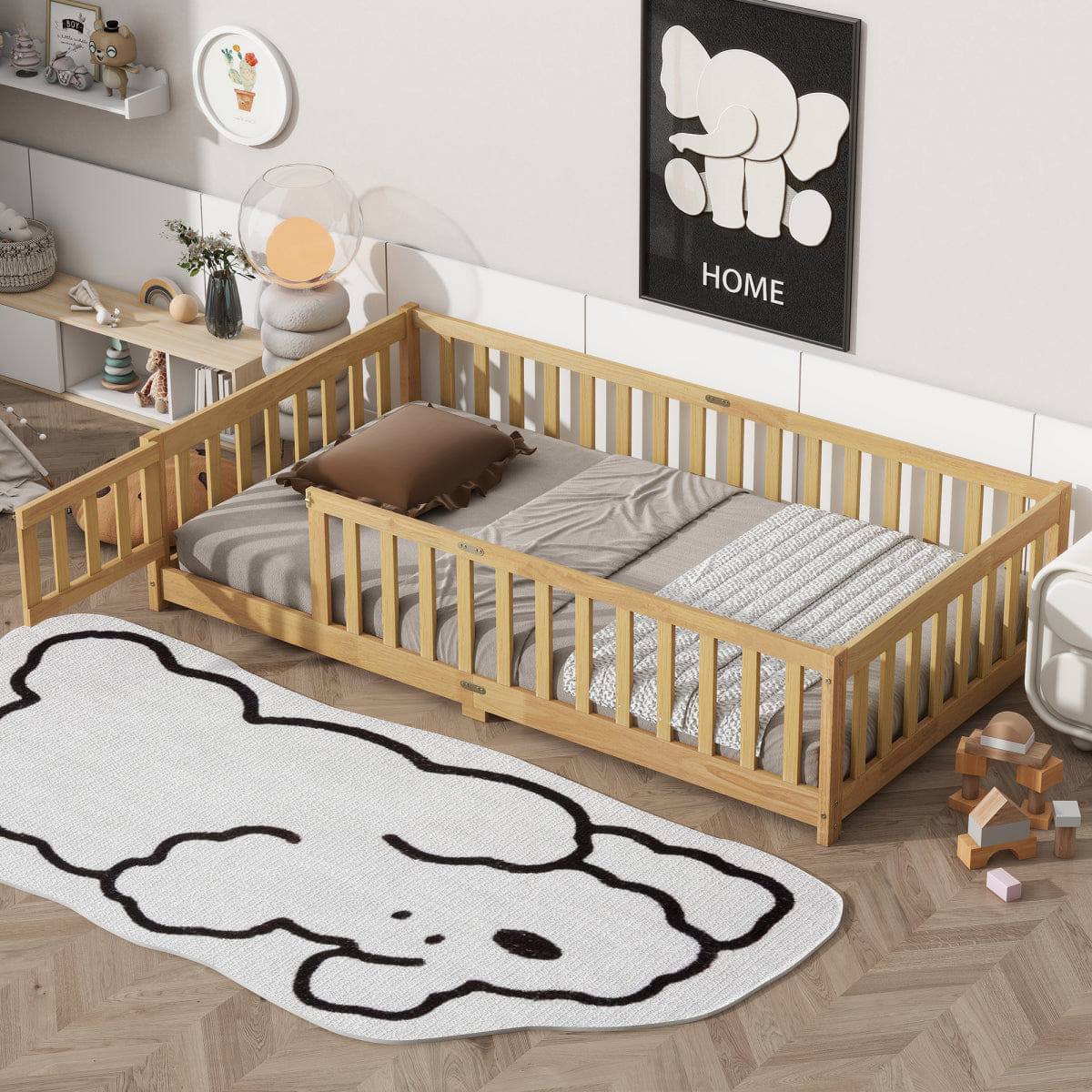 FLOOR Streamdale Twin Size Wooden Floor Bed with Fence and Door, Natural