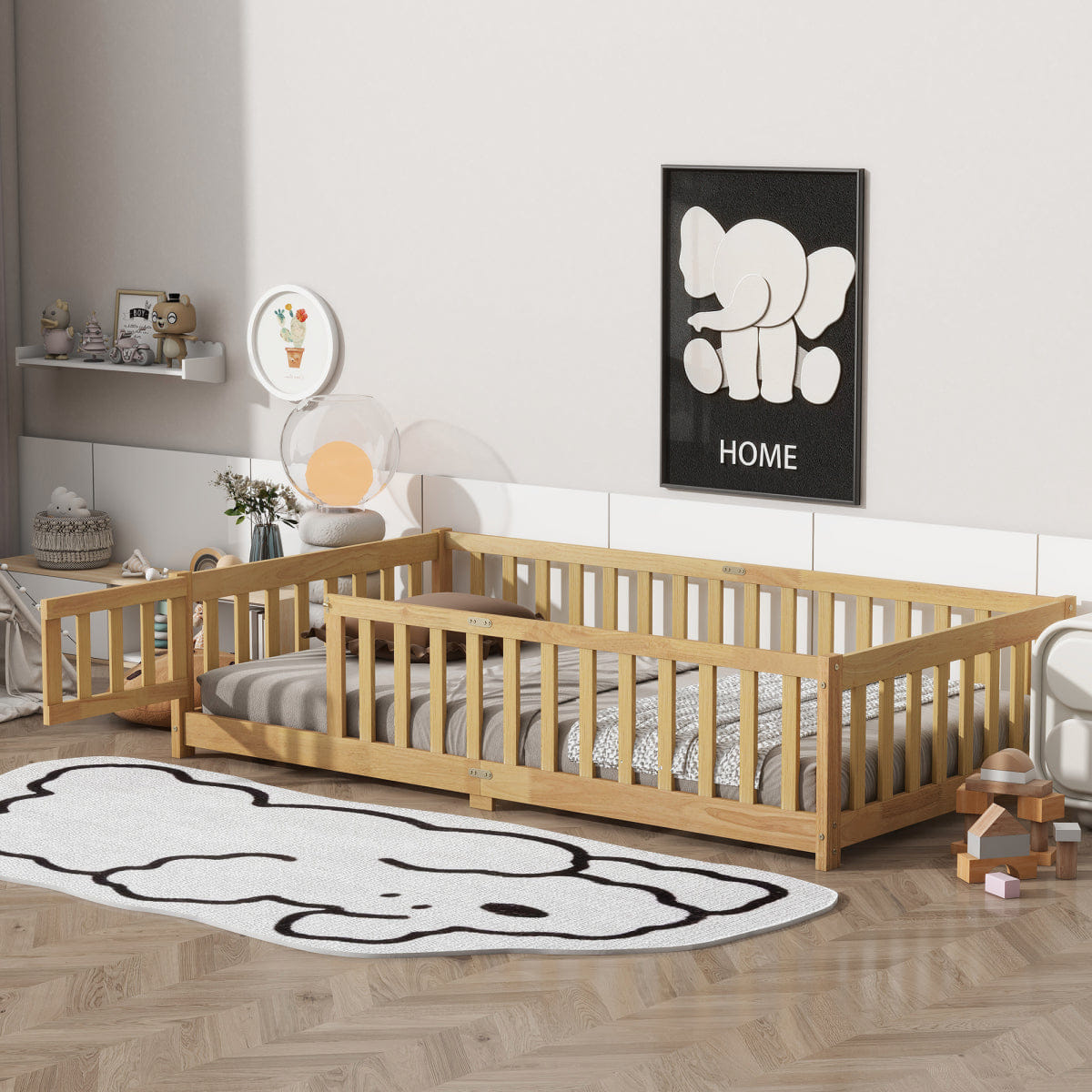 FLOOR Streamdale Twin Size Wooden Floor Bed with Fence and Door, Natural
