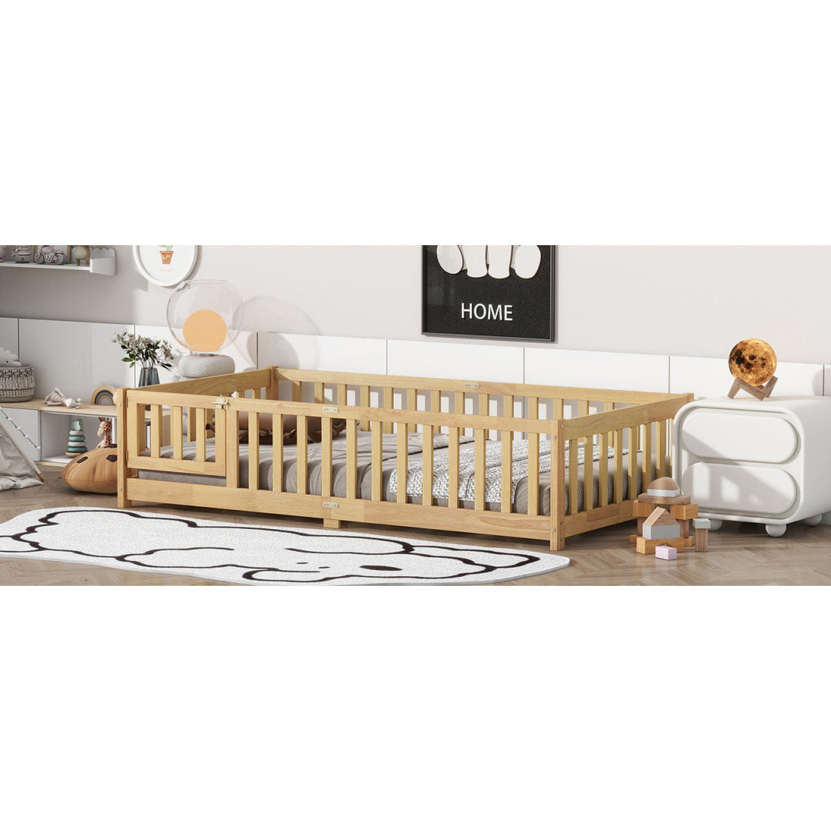 FLOOR Streamdale Twin Size Wooden Floor Bed with Fence and Door, Natural
