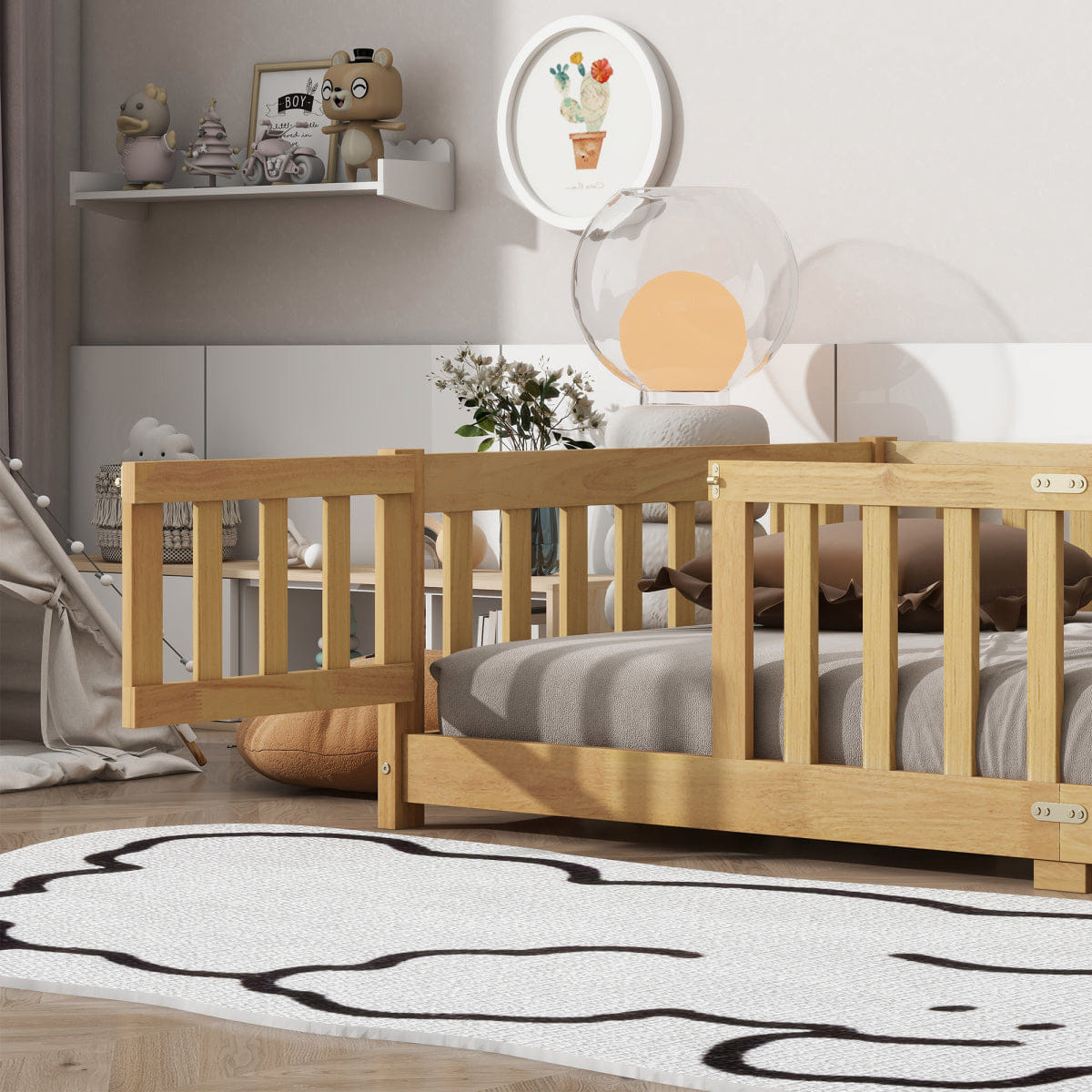 FLOOR Streamdale Twin Size Wooden Floor Bed with Fence and Door, Natural
