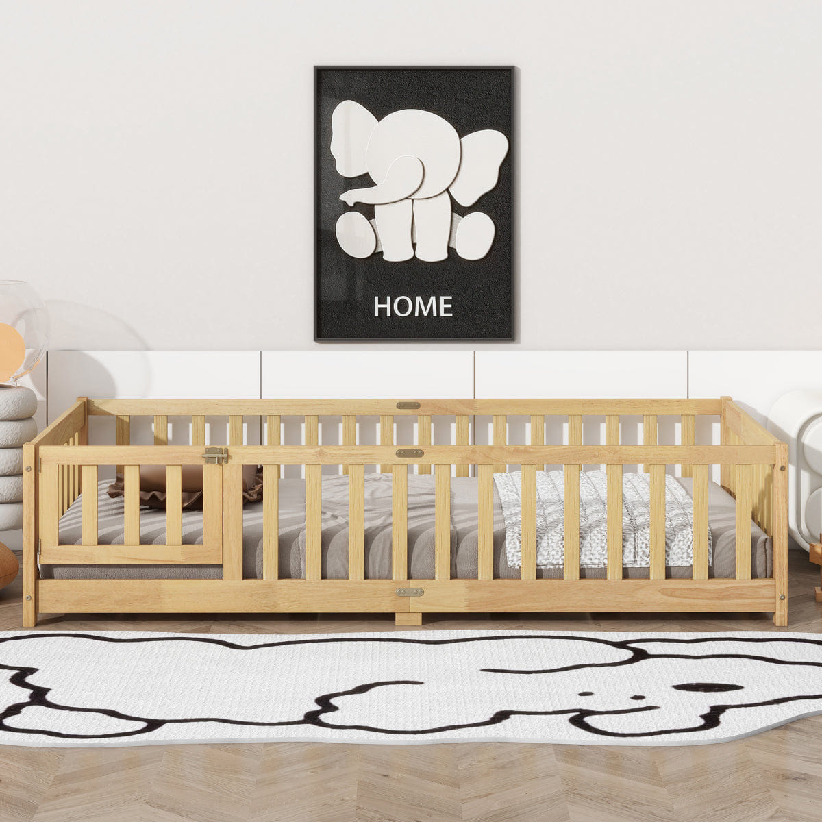 FLOOR Streamdale Twin Size Wooden Floor Bed with Fence and Door, Natural