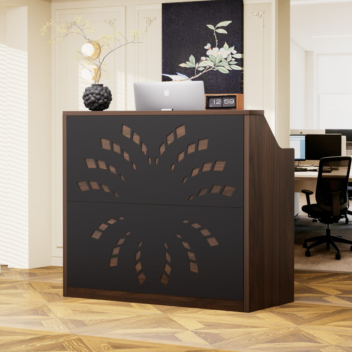 RECEPTION Streamdale 46.5" Modern Reception Desk with Storage Cabinet & Checkout Counter, Walnut/Black