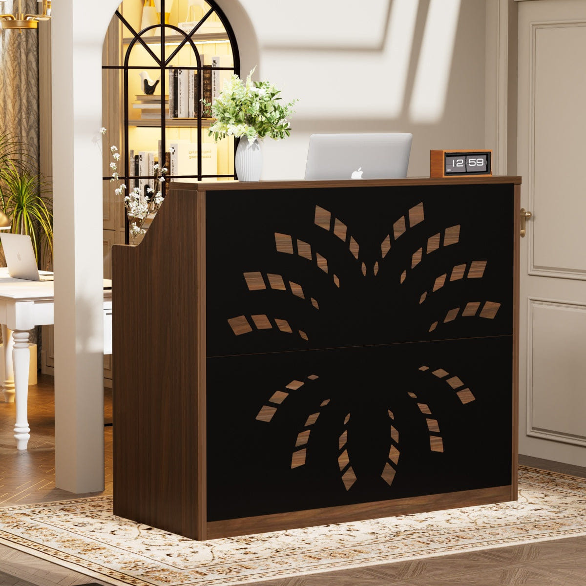 RECEPTION Streamdale 46.5" Modern Reception Desk with Storage Cabinet & Checkout Counter, Walnut/Black