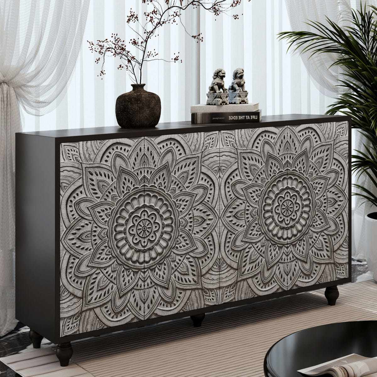 MANDALA Streamdale 60" Boho Mandala 3D Embossed 4 - Door Sideboard Credenza in Black