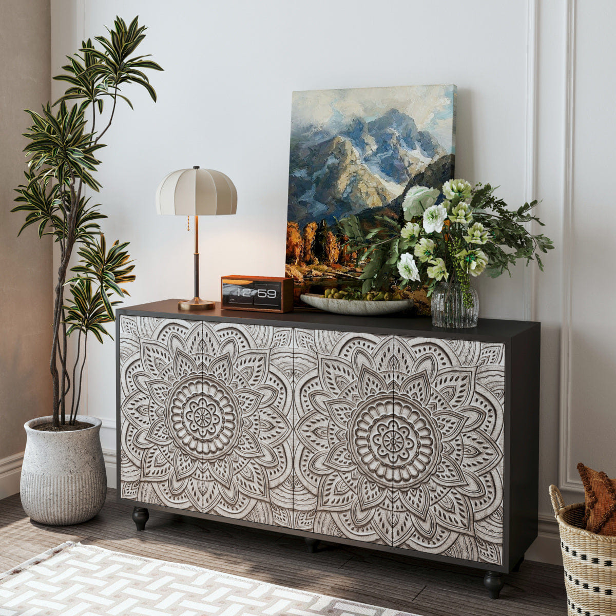 MANDALA Streamdale 60" Boho Mandala 3D Embossed 4 - Door Sideboard Credenza in Black