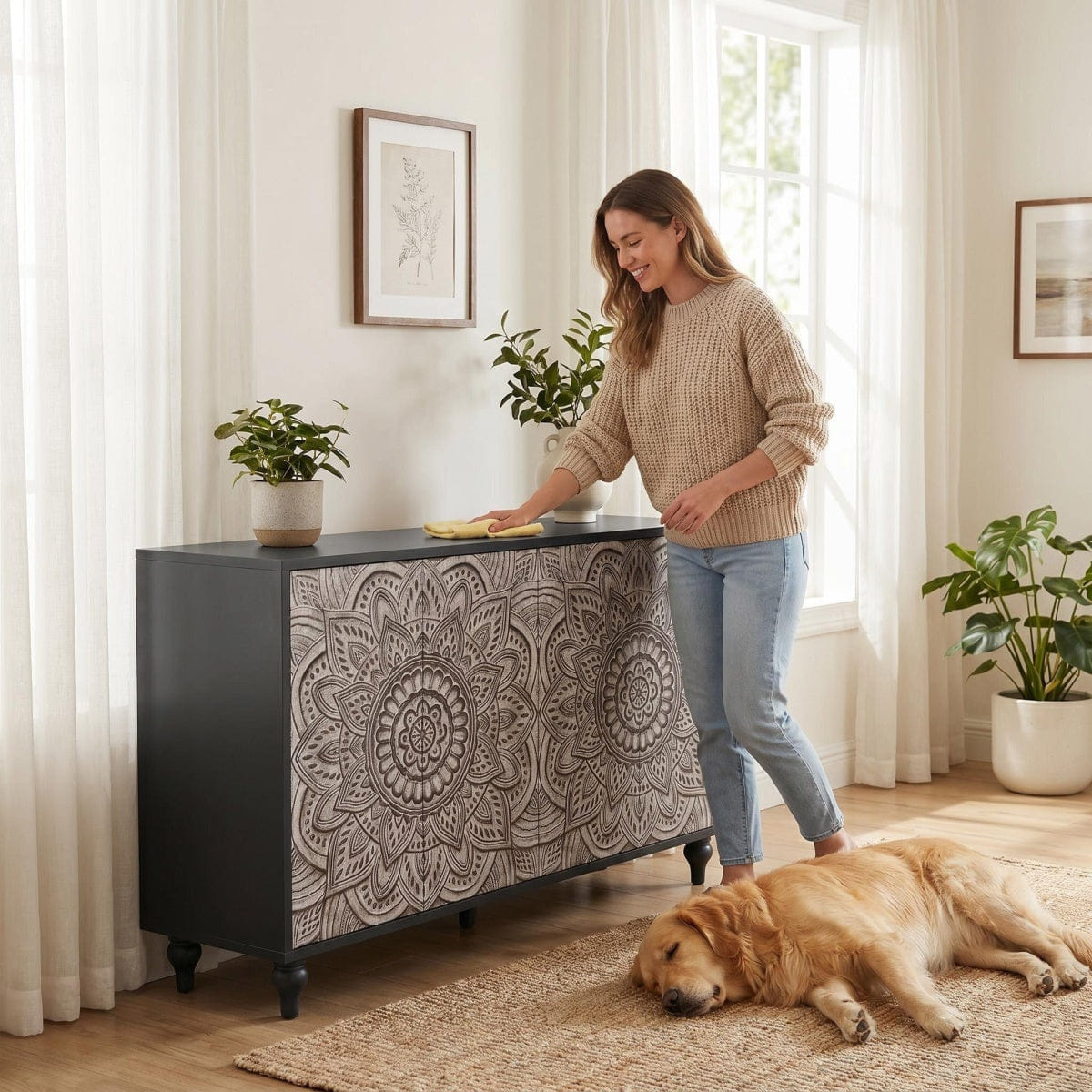 MANDALA Streamdale 60" Boho Mandala 3D Embossed 4 - Door Sideboard Credenza in Black