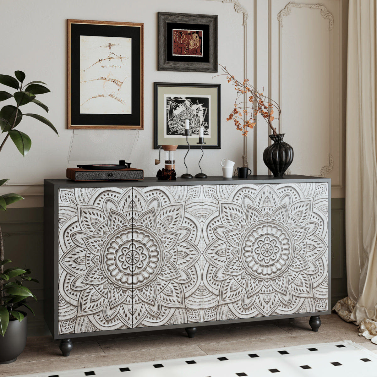 MANDALA Streamdale 60" Boho Mandala 3D Embossed 4 - Door Sideboard Credenza in Black