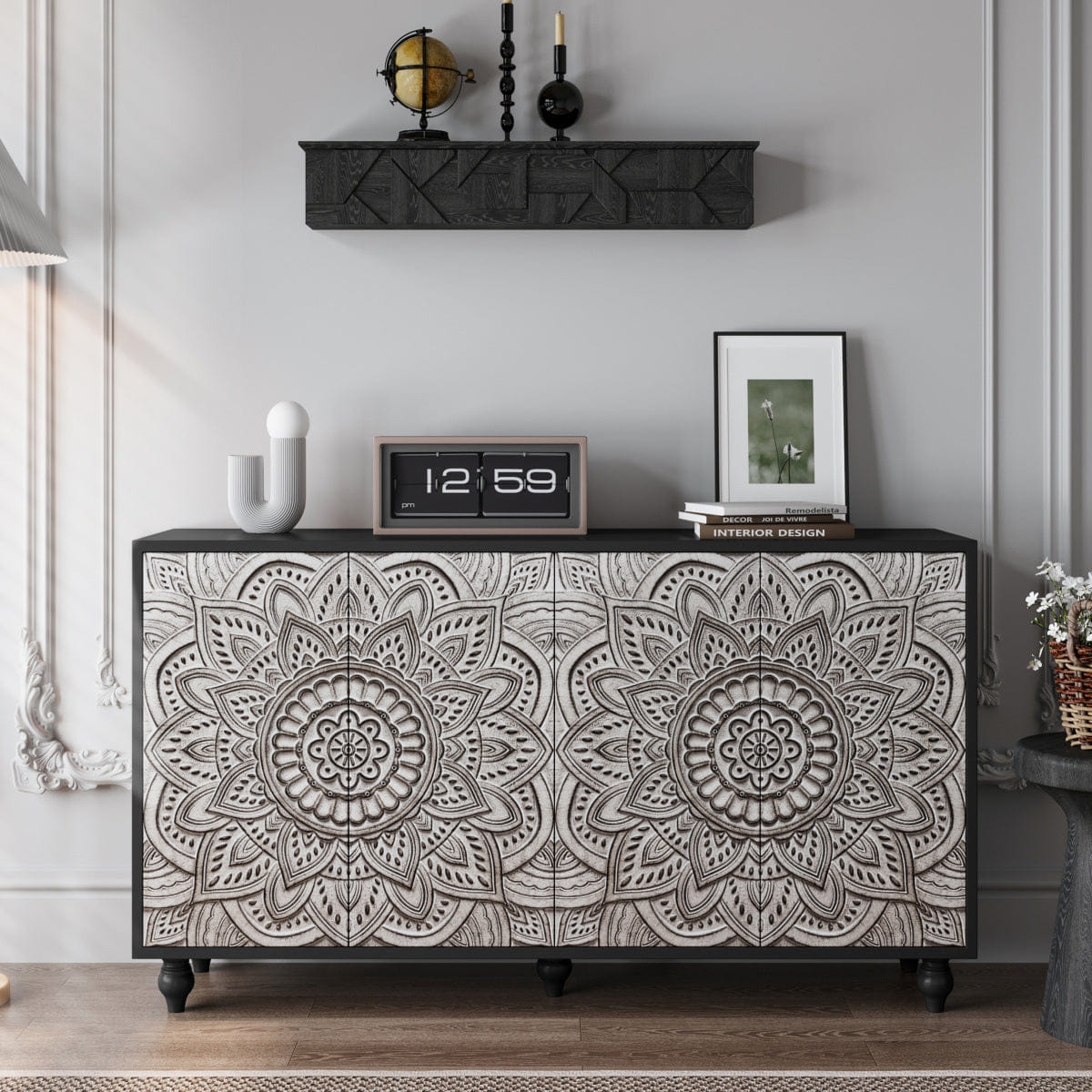 MANDALA Streamdale 60" Boho Mandala 3D Embossed 4 - Door Sideboard Credenza in Black