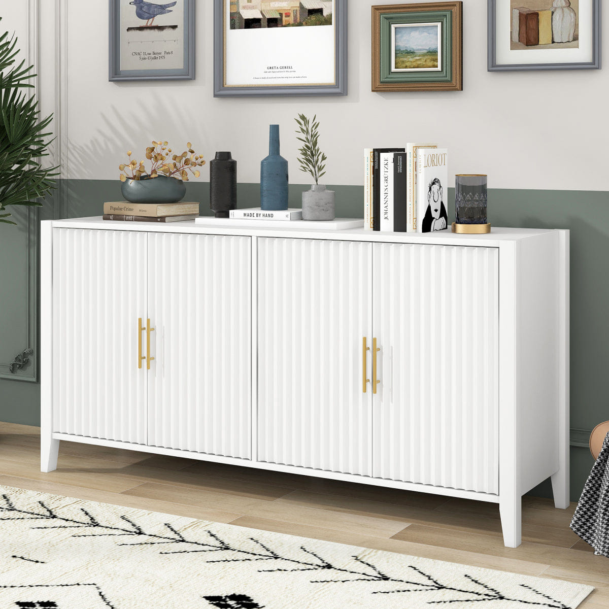 WHITE* Streamdale 61" Modern 4 - Door Wavy Slatted Sideboard Storage Cabinet (White)