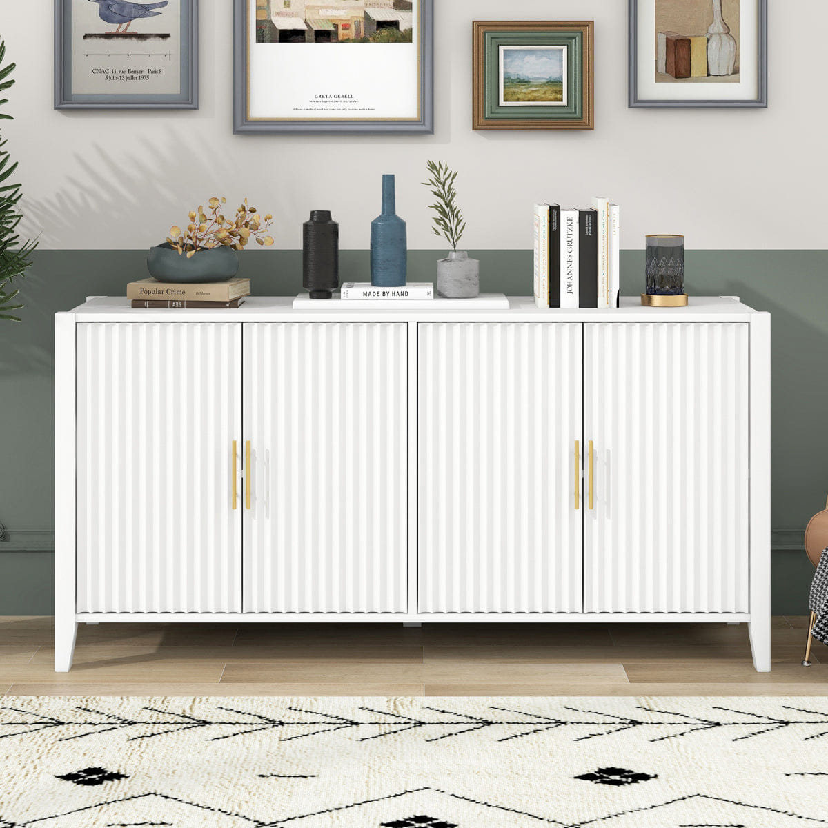 WHITE* Streamdale 61" Modern 4 - Door Wavy Slatted Sideboard Storage Cabinet (White)