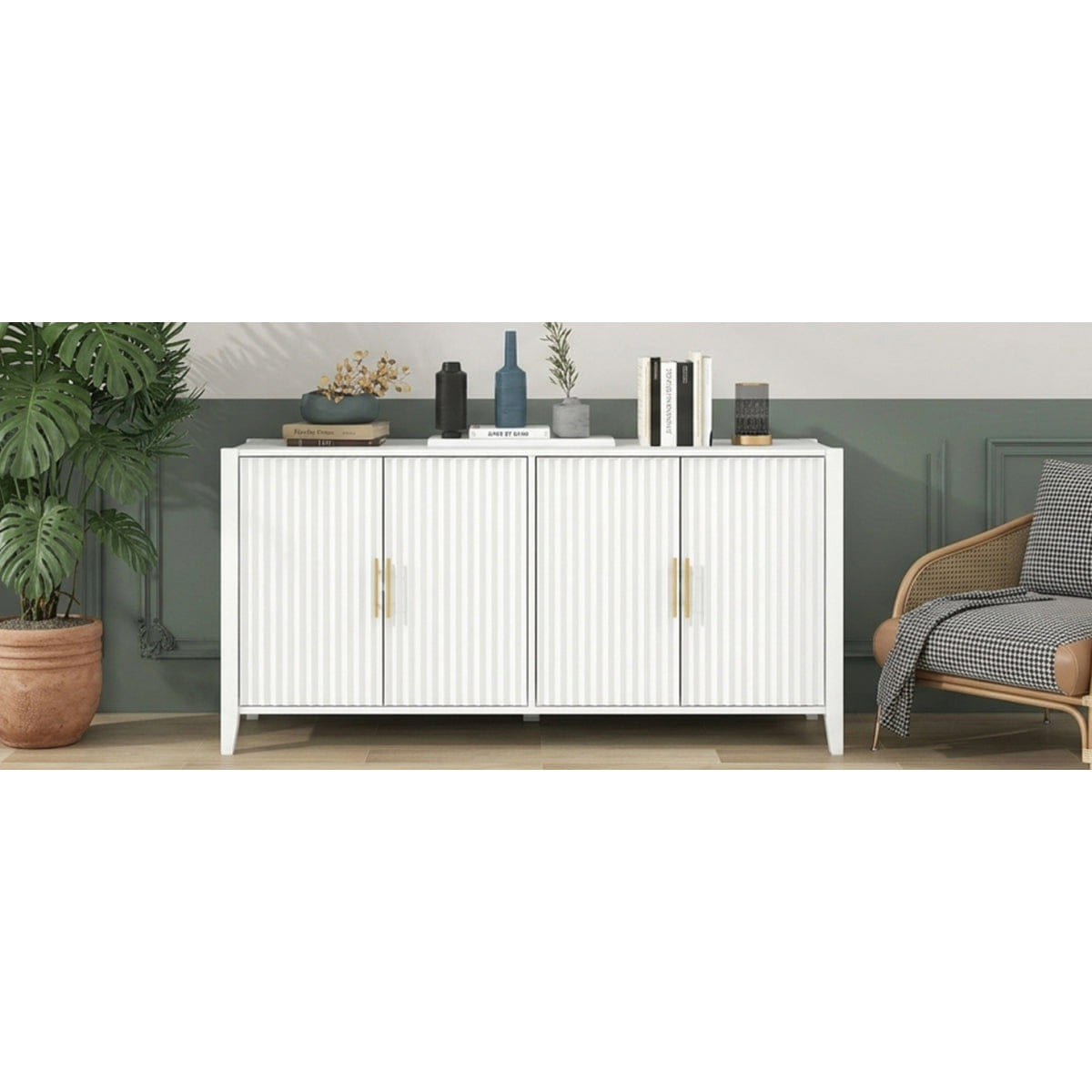WHITE* Streamdale 61" Modern 4 - Door Wavy Slatted Sideboard Storage Cabinet (White)