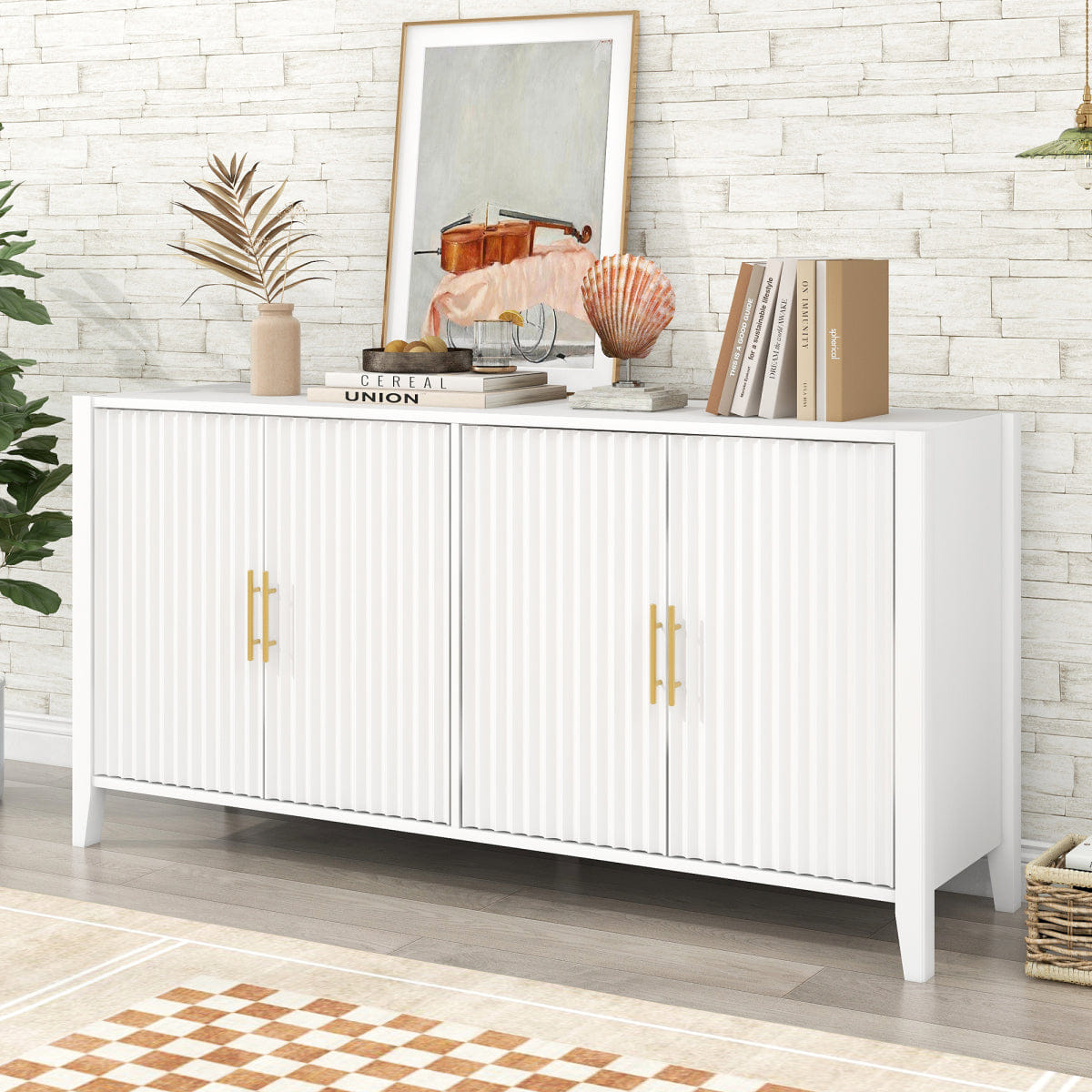 WHITE* Streamdale 61" Modern 4 - Door Wavy Slatted Sideboard Storage Cabinet (White)