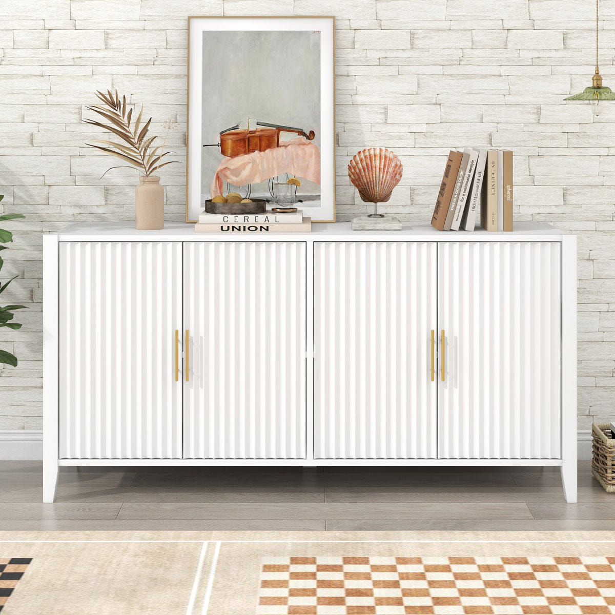 WHITE* Streamdale 61" Modern 4 - Door Wavy Slatted Sideboard Storage Cabinet (White)