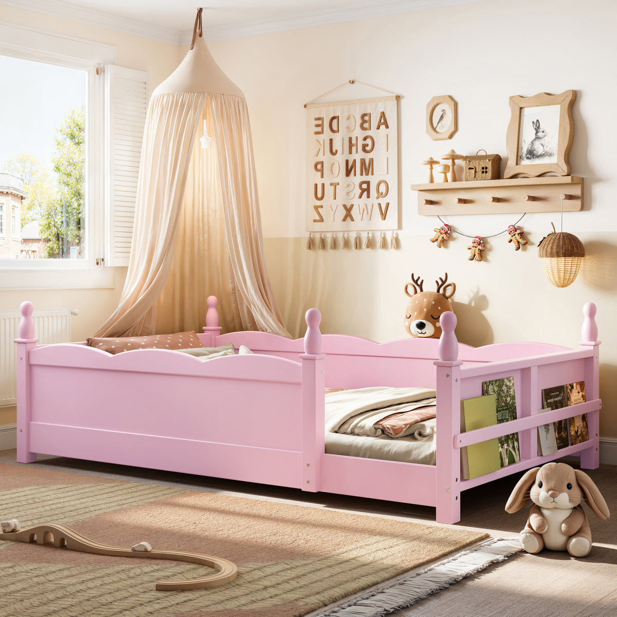 FLOOR Streamdale Pink Montessori Twin Floor Bed with Guardrails & Bookshelf