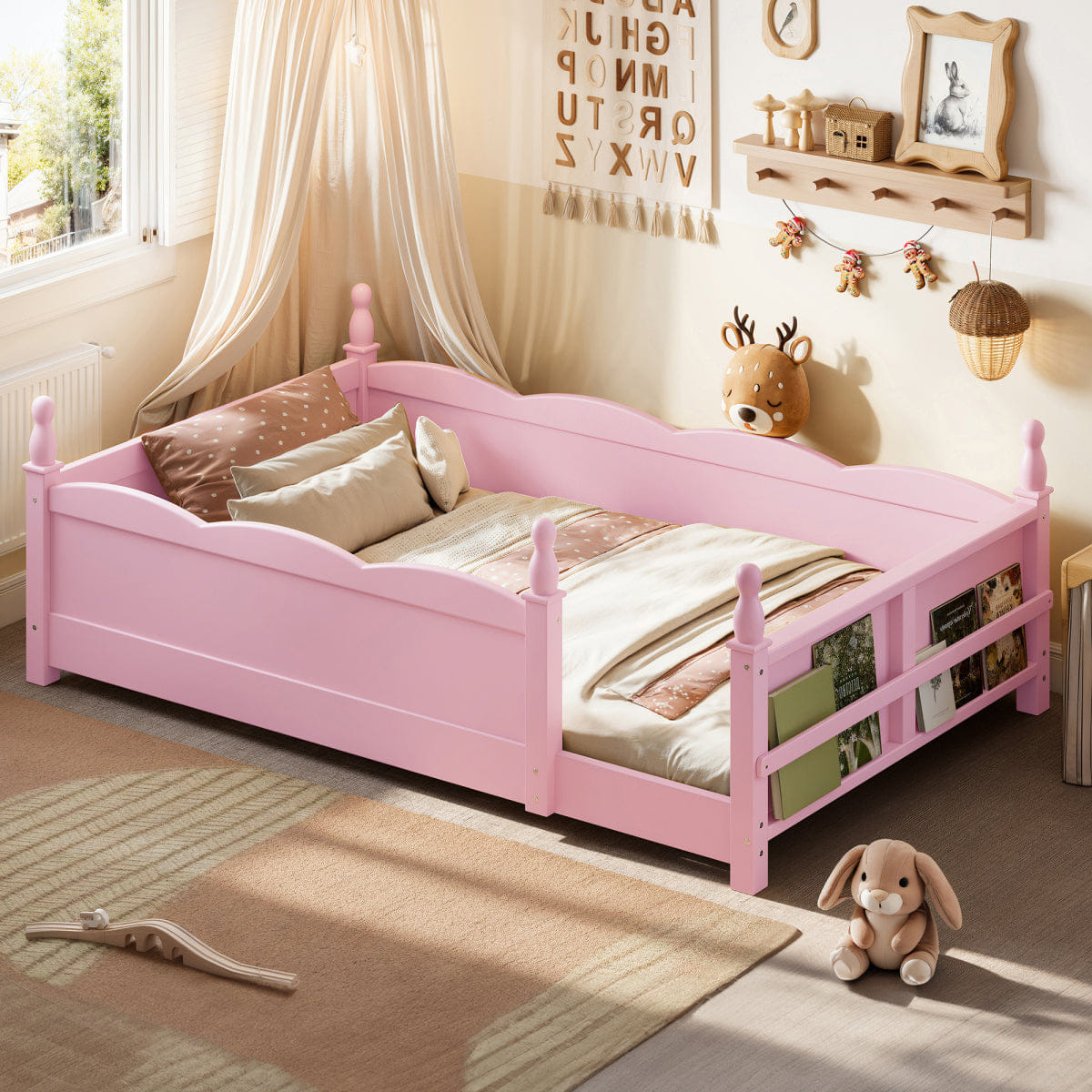 FLOOR Streamdale Pink Montessori Twin Floor Bed with Guardrails & Bookshelf