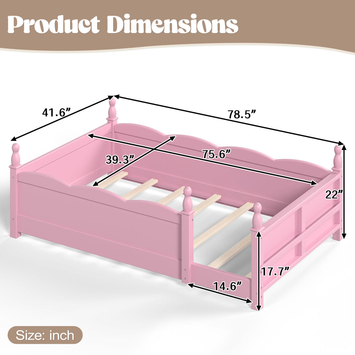 FLOOR Streamdale Pink Montessori Twin Floor Bed with Guardrails & Bookshelf