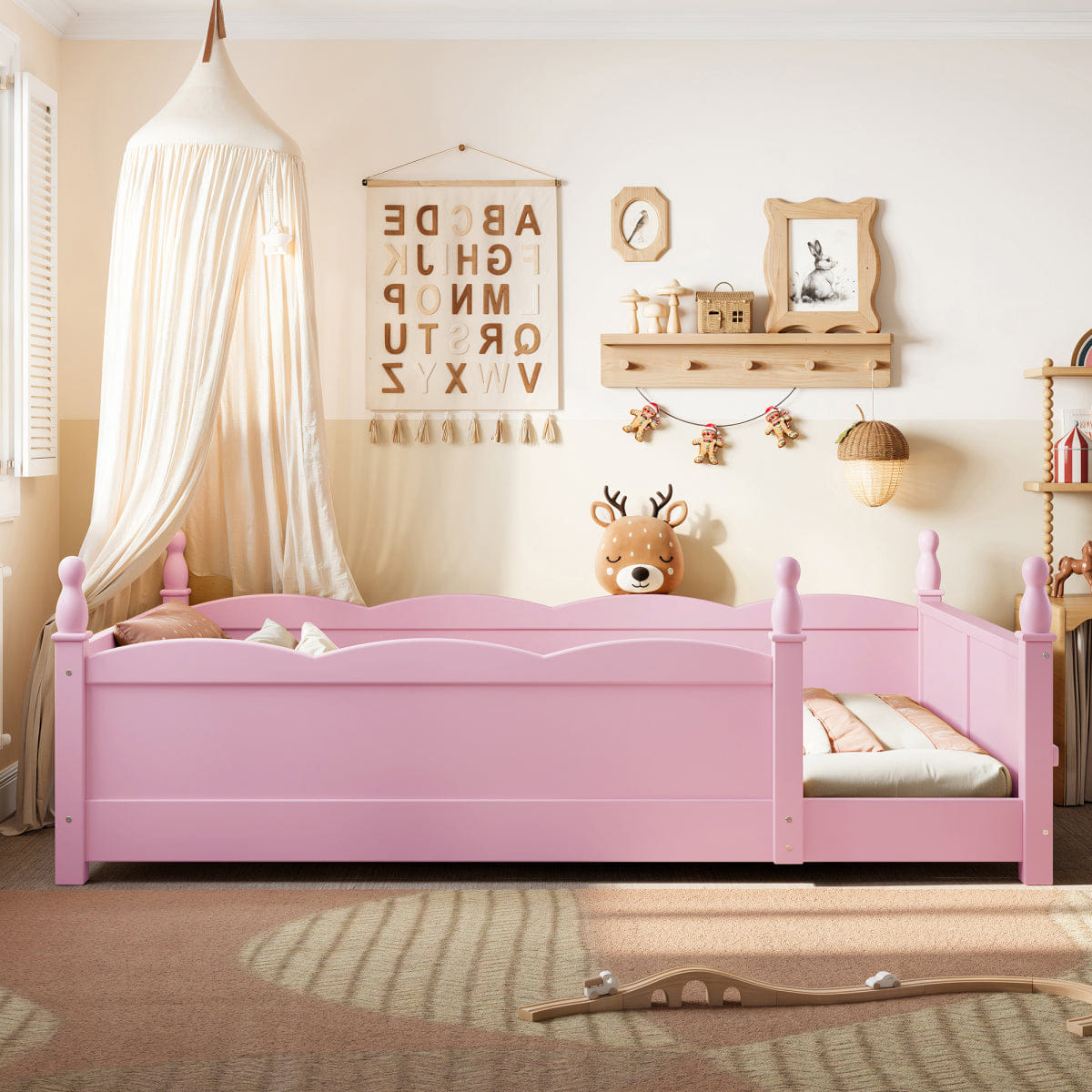 FLOOR Streamdale Pink Montessori Twin Floor Bed with Guardrails & Bookshelf
