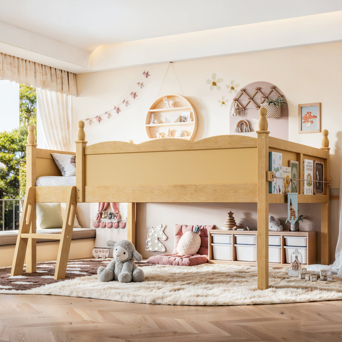WOOD Streamdale Full Size Wood Low Loft Bed with Book Shelf & Ladder, Natural