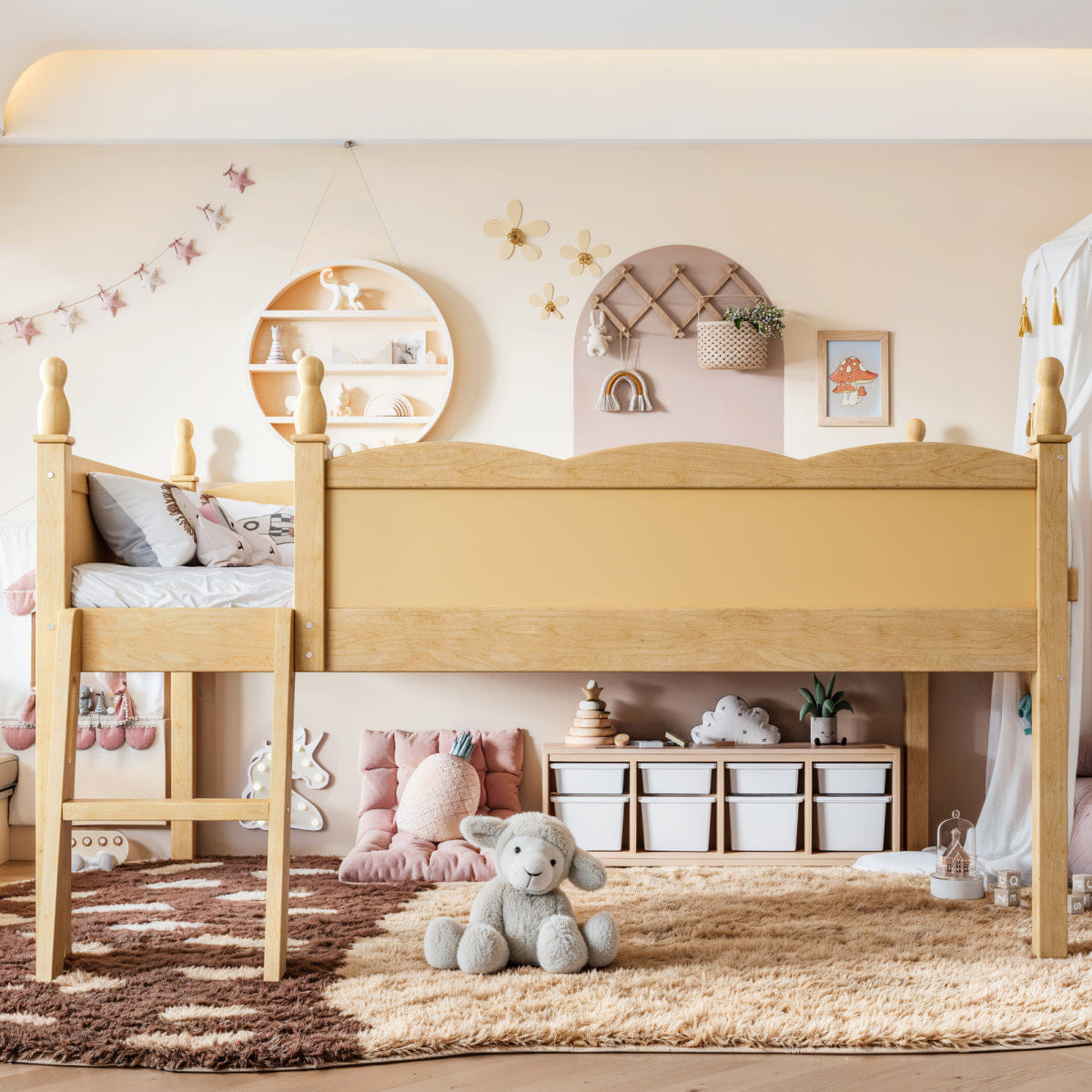 WOOD Streamdale Full Size Wood Low Loft Bed with Book Shelf & Ladder, Natural