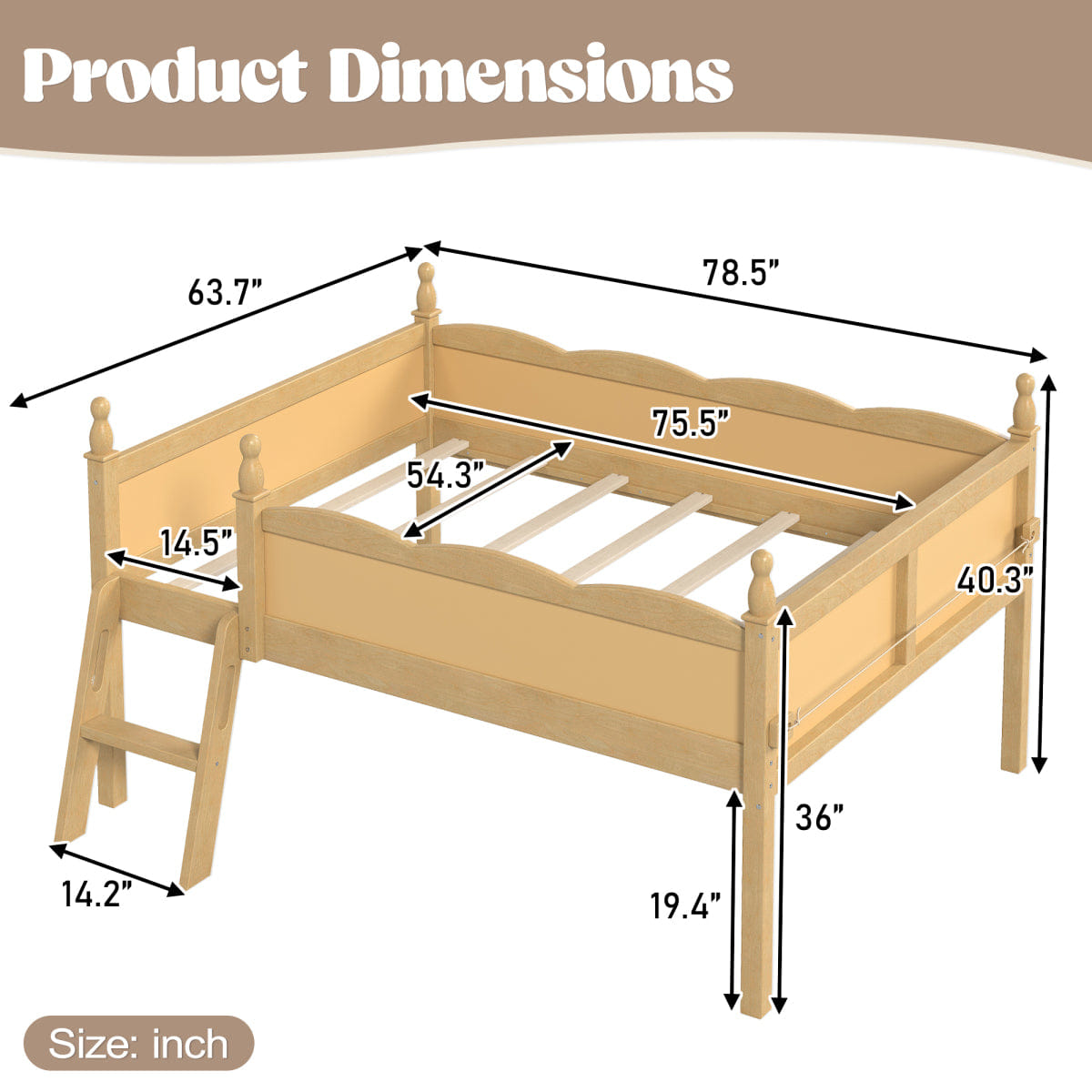 WOOD Streamdale Full Size Wood Low Loft Bed with Book Shelf & Ladder, Natural