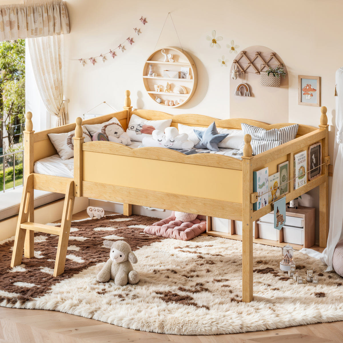 WOOD Streamdale Full Size Wood Low Loft Bed with Book Shelf & Ladder, Natural