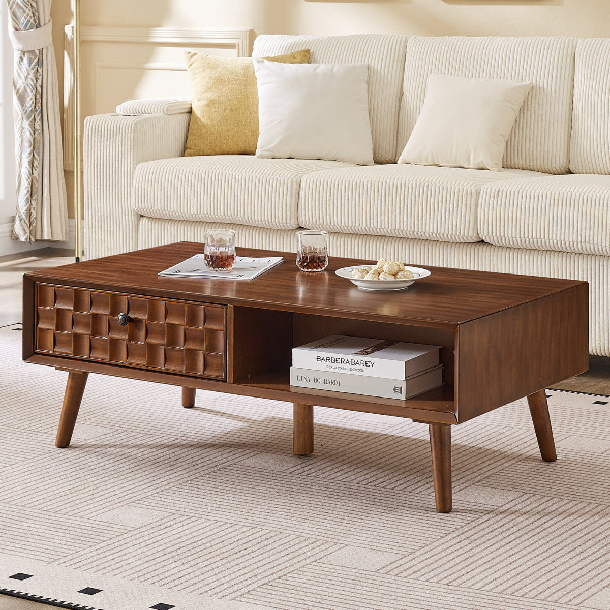Hidden Streamdale Farmhouse Wooden Coffee Table with Hidden Drawer & Open Shelf