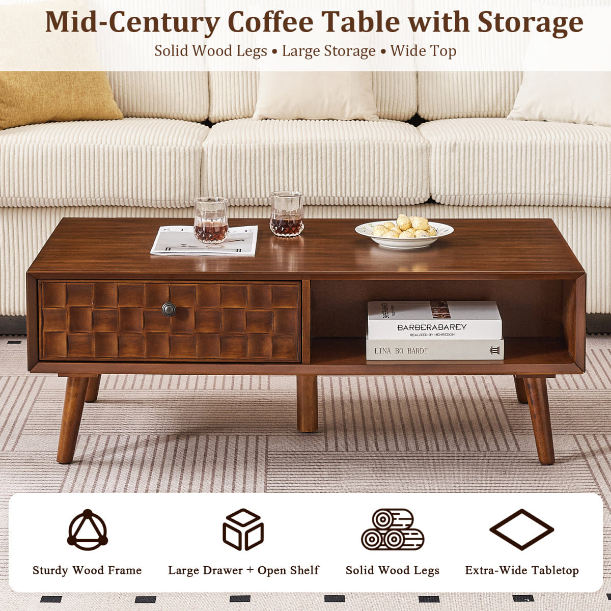 Hidden Streamdale Farmhouse Wooden Coffee Table with Hidden Drawer & Open Shelf