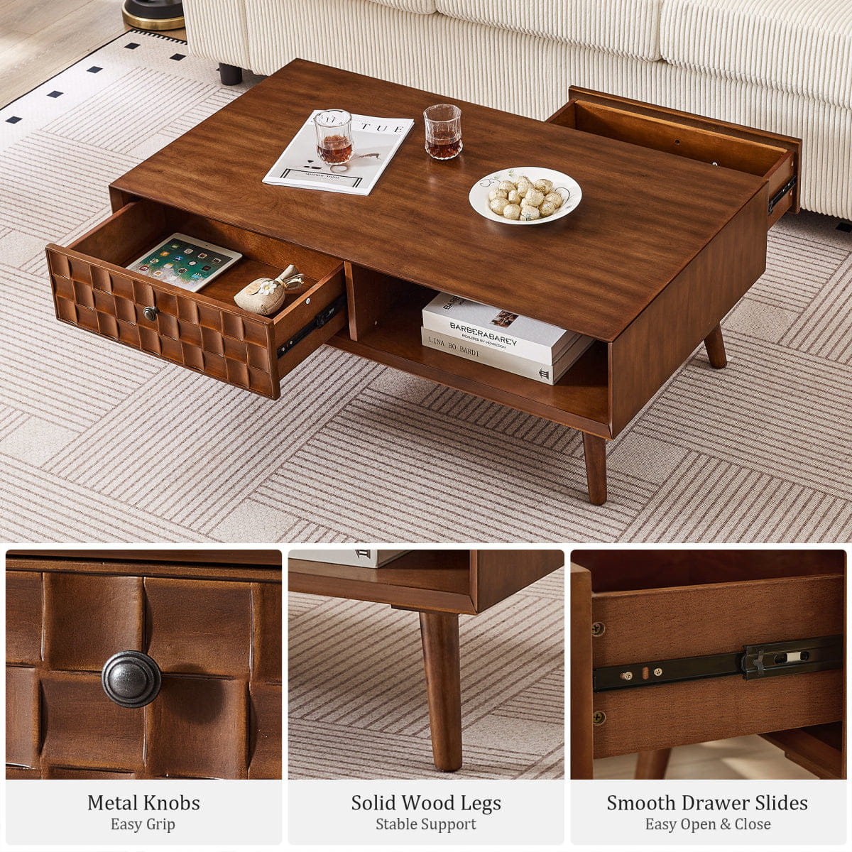 Hidden Streamdale Farmhouse Wooden Coffee Table with Hidden Drawer & Open Shelf