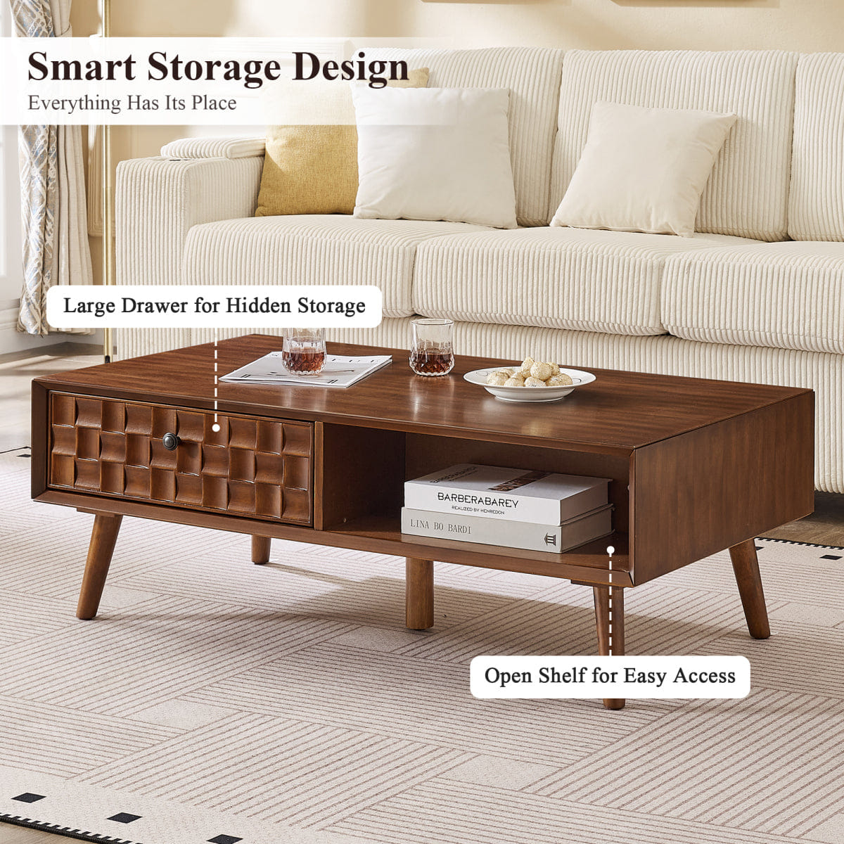 Hidden Streamdale Farmhouse Wooden Coffee Table with Hidden Drawer & Open Shelf