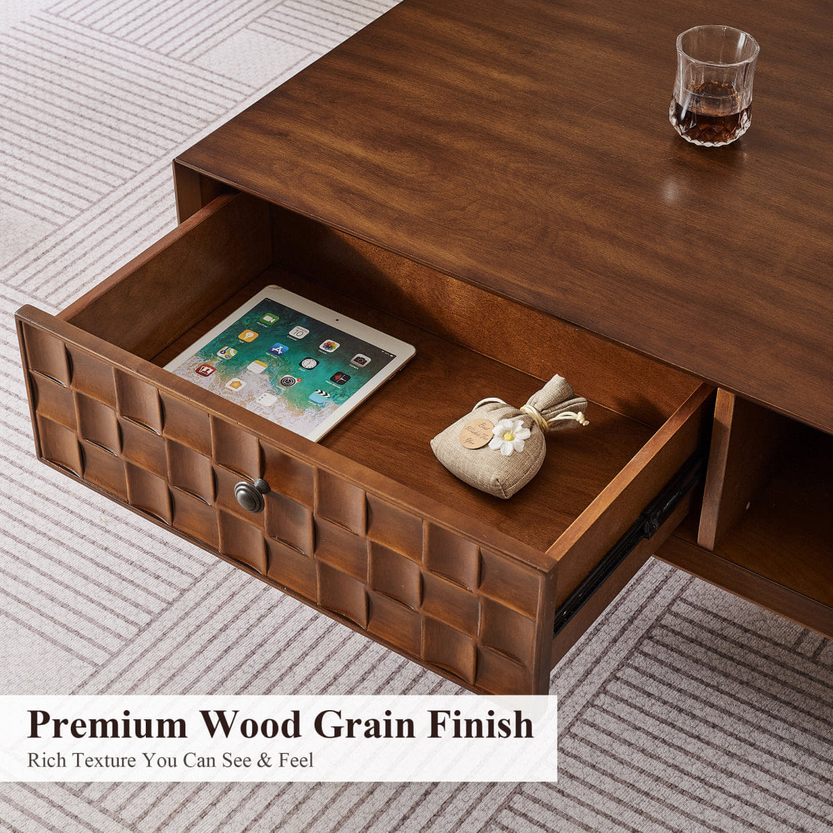 Hidden Streamdale Farmhouse Wooden Coffee Table with Hidden Drawer & Open Shelf