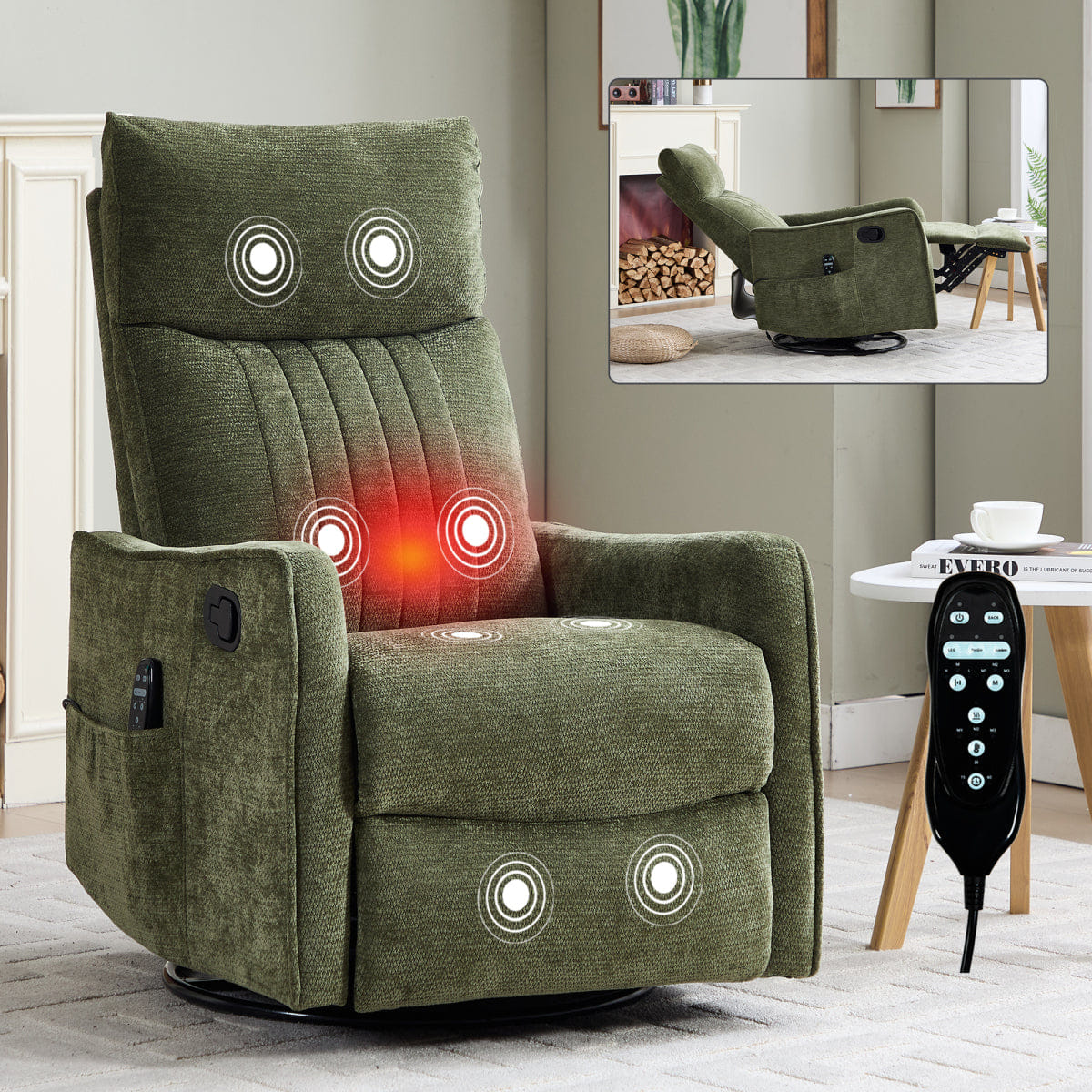And Streamdale Green Heat Fabric Manual Recliner Chair with Rocker and Swivel