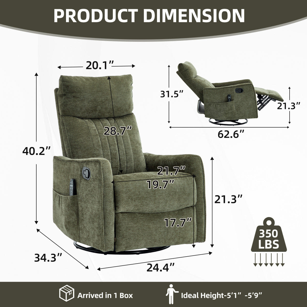 And Streamdale Green Heat Fabric Manual Recliner Chair with Rocker and Swivel