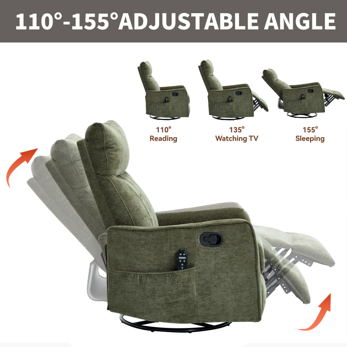 And Streamdale Green Heat Fabric Manual Recliner Chair with Rocker and Swivel