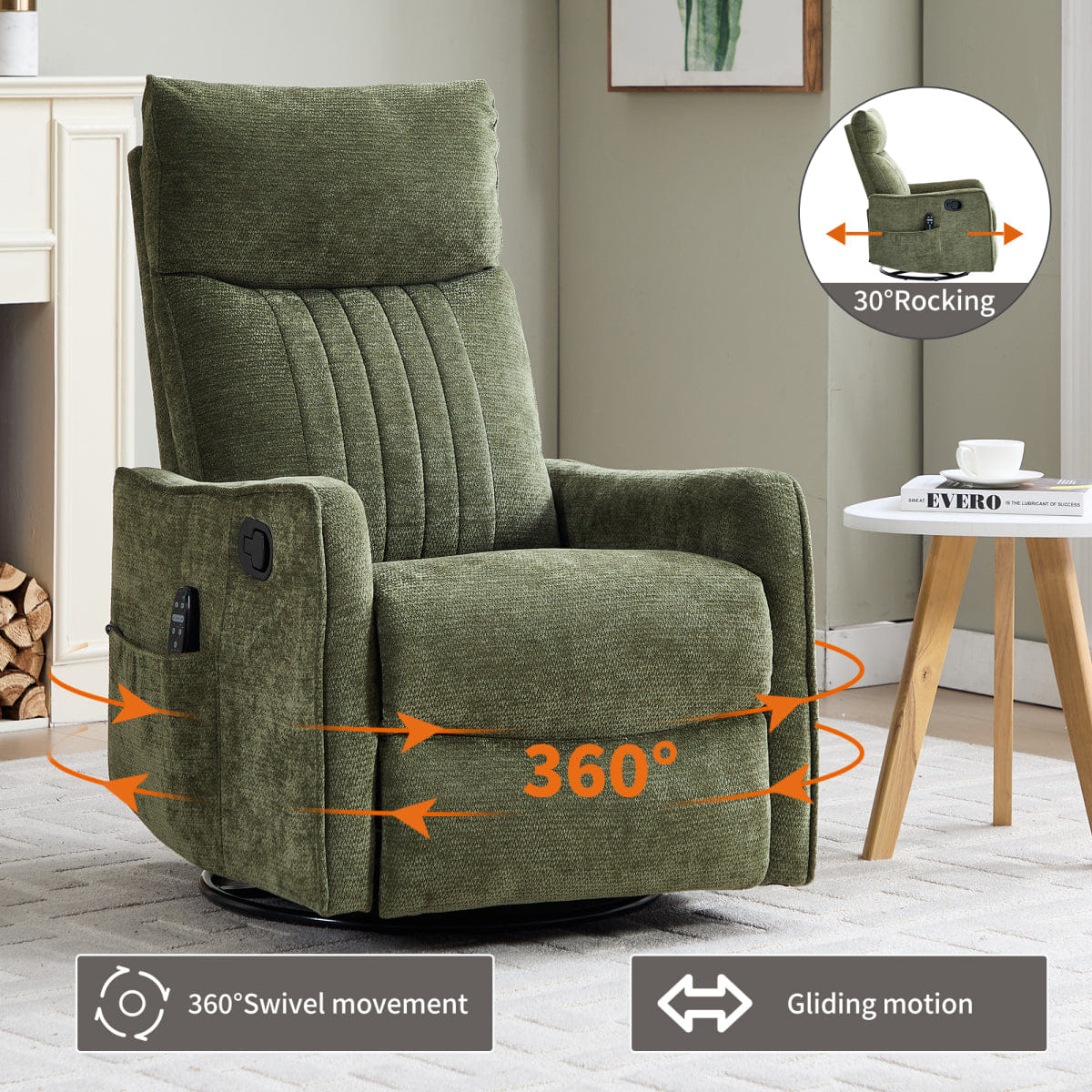 And Streamdale Green Heat Fabric Manual Recliner Chair with Rocker and Swivel