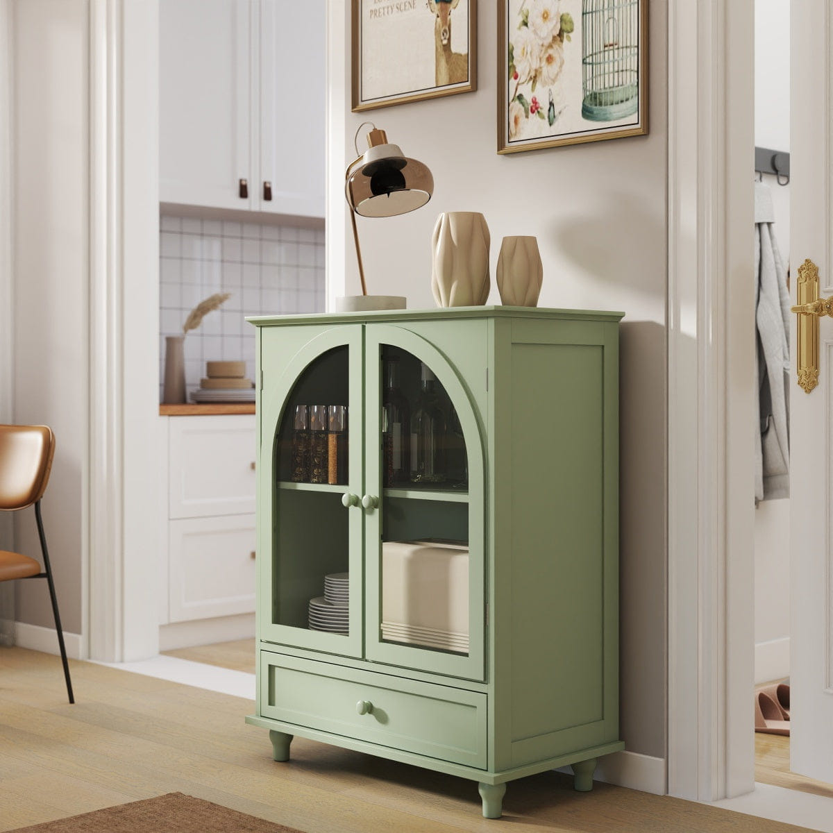 Drawer Streamdale Farmhouse Arched Glass Sideboard with Drawer, Green